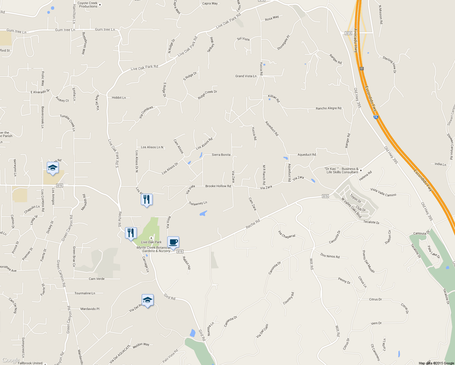 map of restaurants, bars, coffee shops, grocery stores, and more near 1274 Kendi Lane in Fallbrook