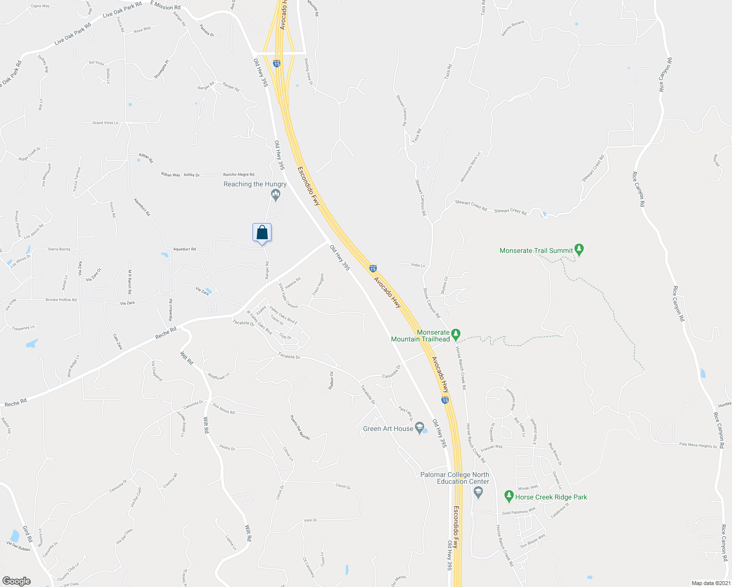 map of restaurants, bars, coffee shops, grocery stores, and more near Old Highway 395 in Fallbrook