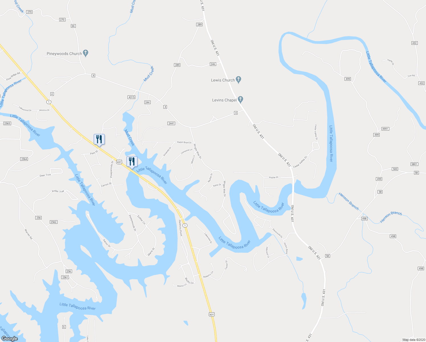 map of restaurants, bars, coffee shops, grocery stores, and more near 84 Muffet Drive in Wedowee