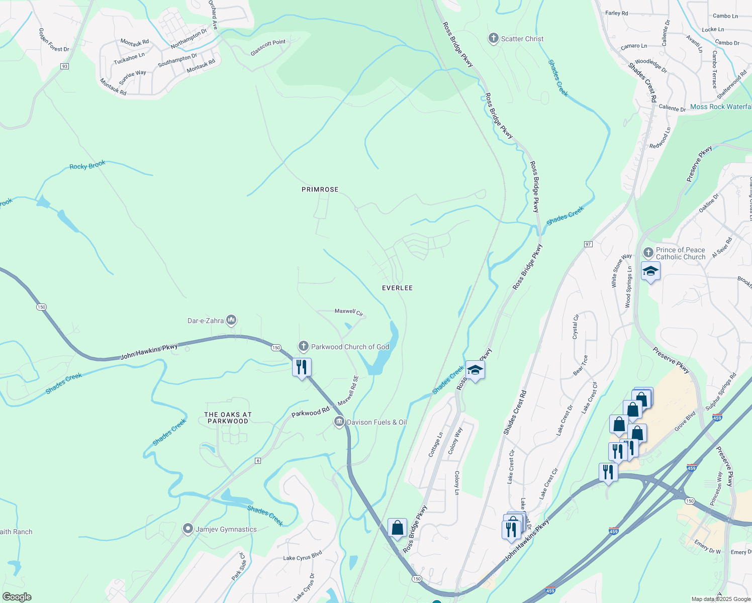 map of restaurants, bars, coffee shops, grocery stores, and more near 156 Maxwell Circle in Bessemer