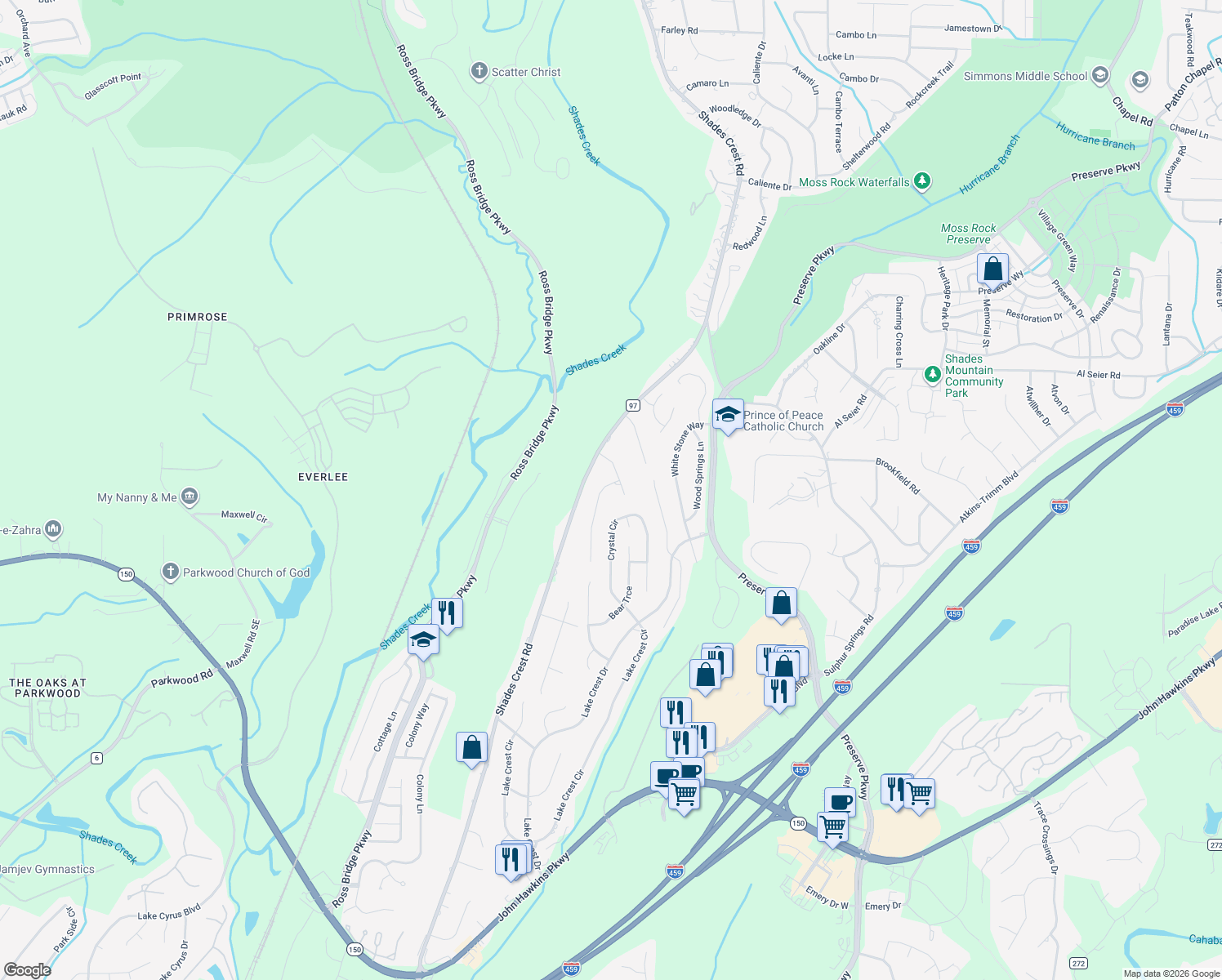 map of restaurants, bars, coffee shops, grocery stores, and more near 4608 Summit Cove in Hoover
