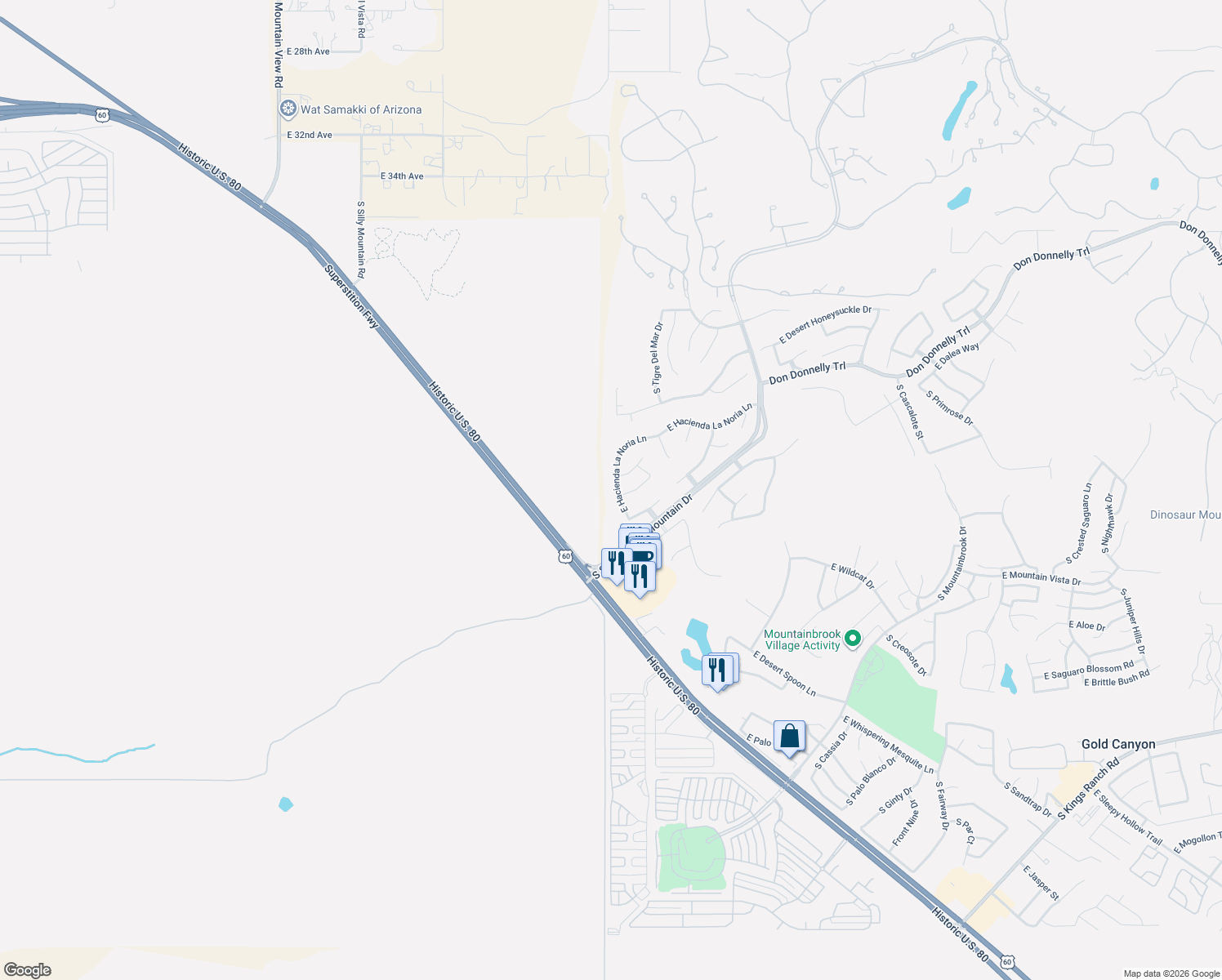 map of restaurants, bars, coffee shops, grocery stores, and more near 6452 E Hacienda La Noria Ln in Gold Canyon