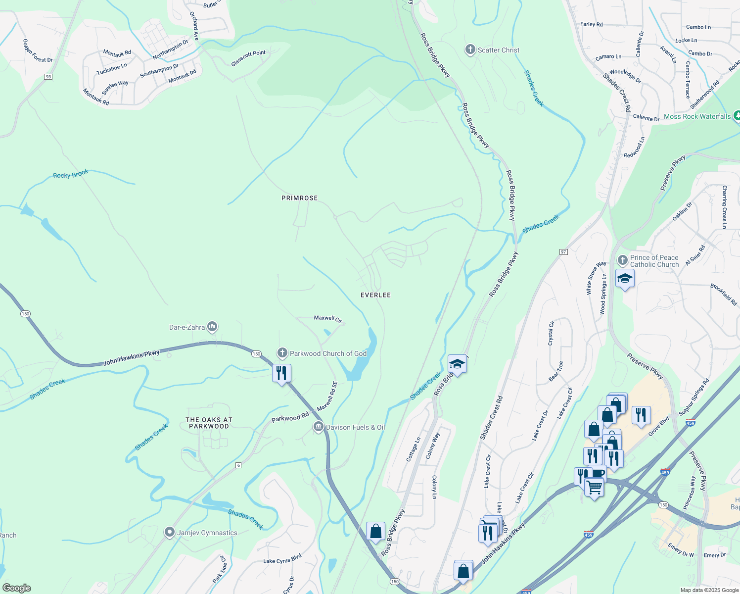 map of restaurants, bars, coffee shops, grocery stores, and more near 130 Maxwell Circle in Bessemer
