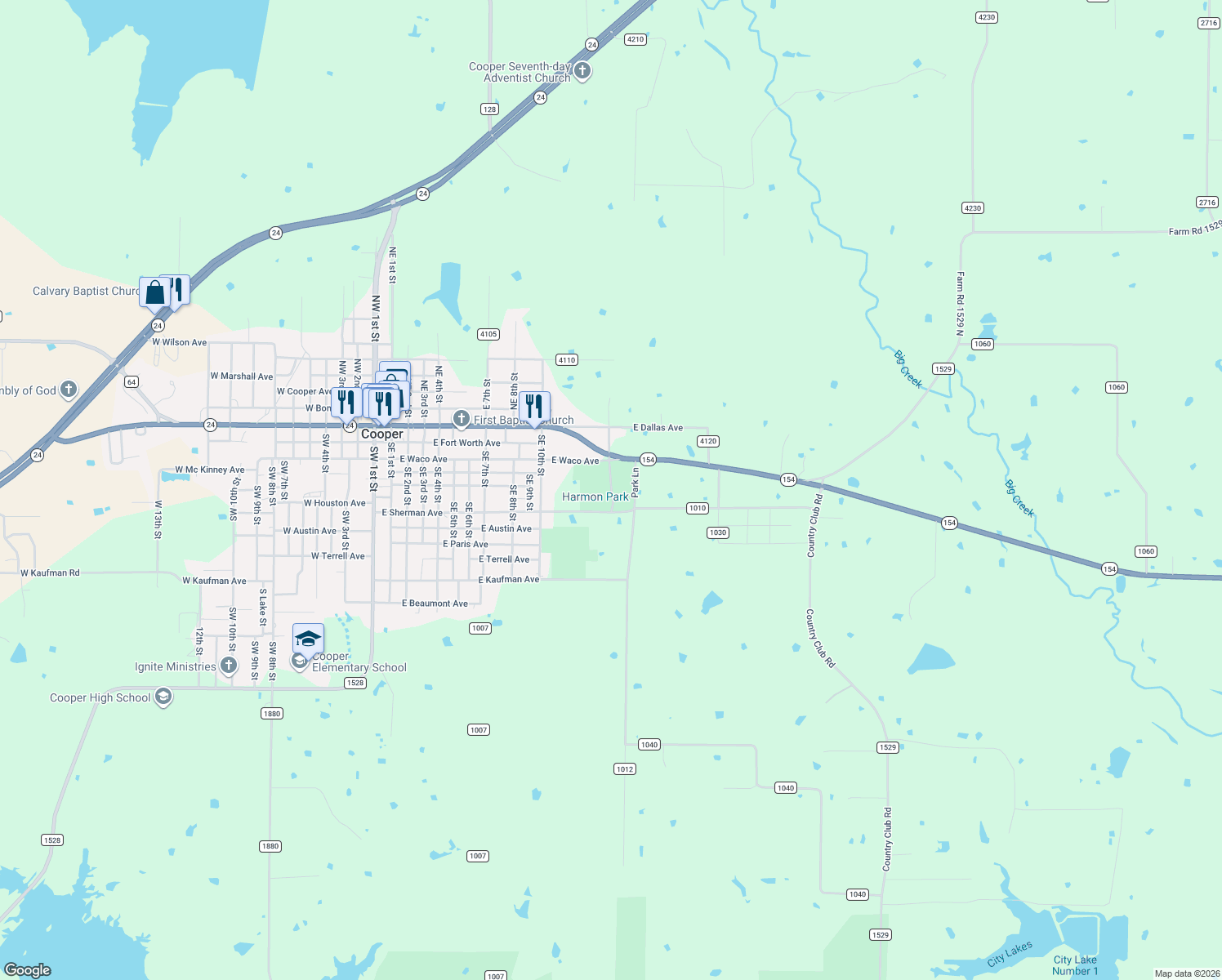 map of restaurants, bars, coffee shops, grocery stores, and more near City Park Road in Cooper