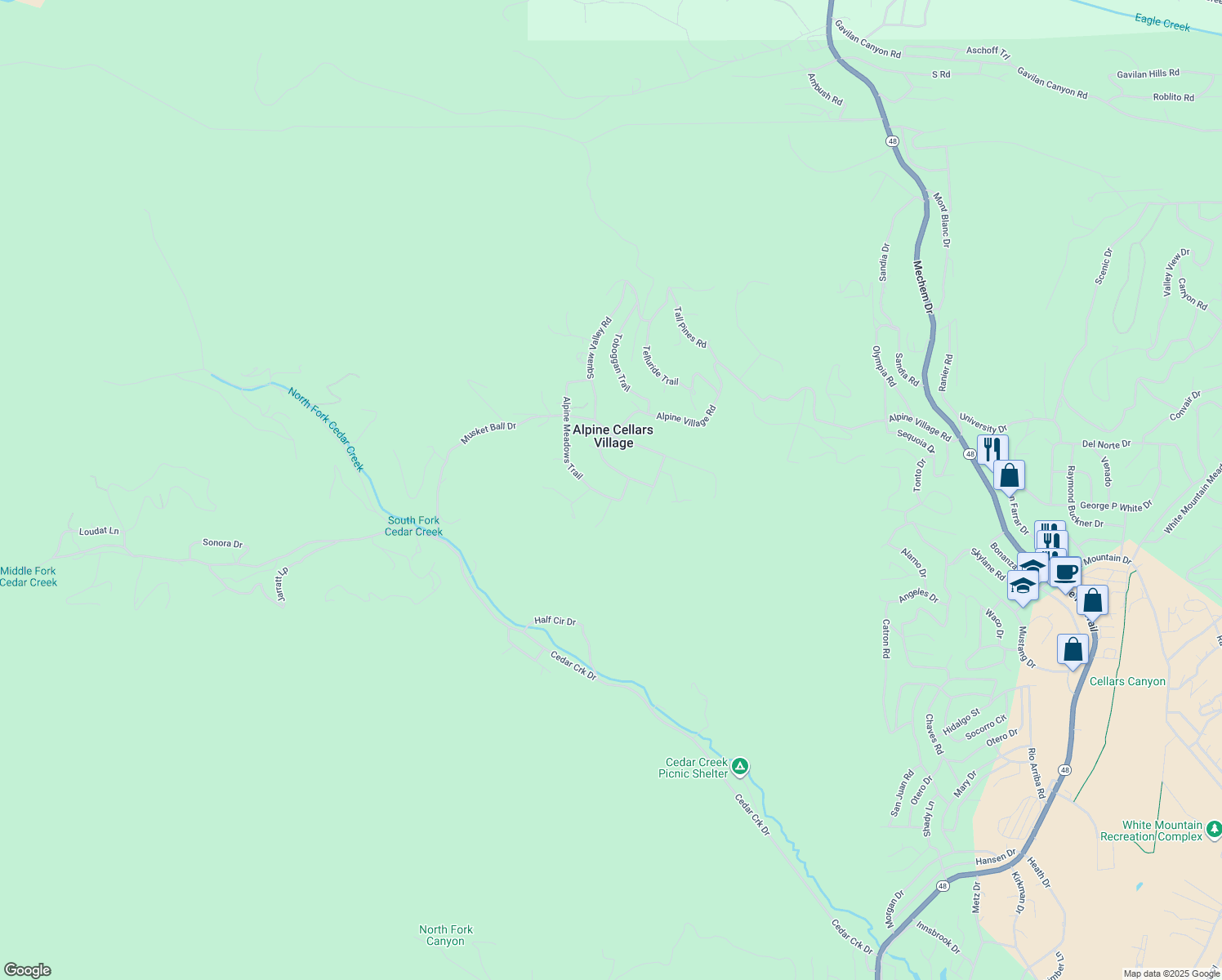 map of restaurants, bars, coffee shops, grocery stores, and more near Iron Mountain Road in Ruidoso