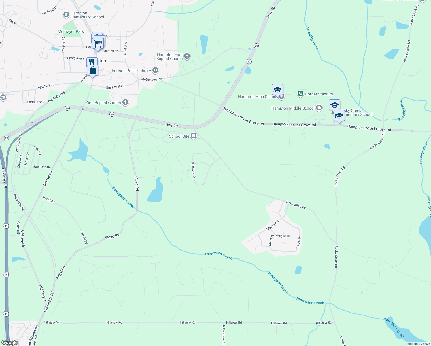 map of restaurants, bars, coffee shops, grocery stores, and more near 352 Cobblestone Court in Hampton