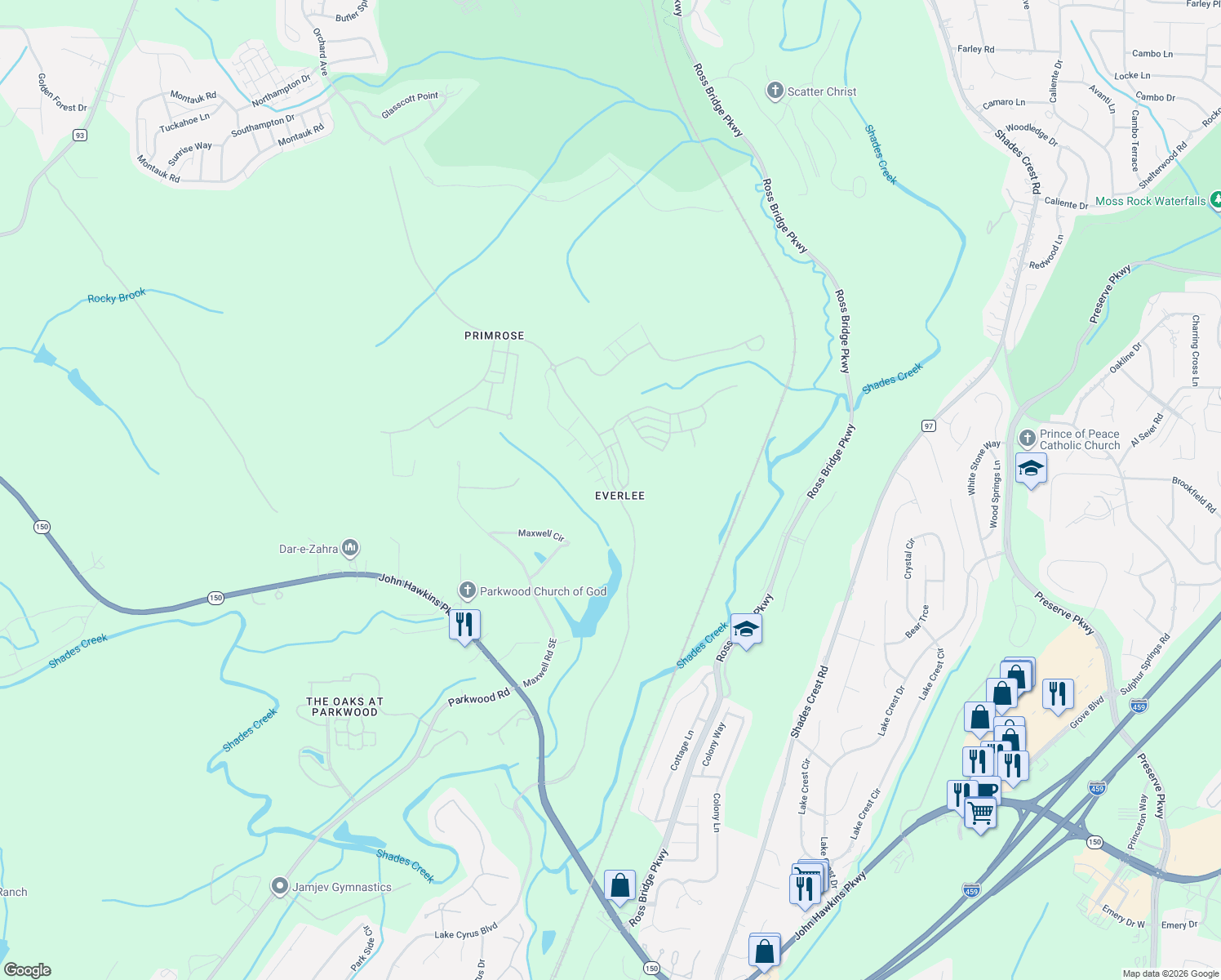 map of restaurants, bars, coffee shops, grocery stores, and more near 130 Maxwell Circle in Bessemer