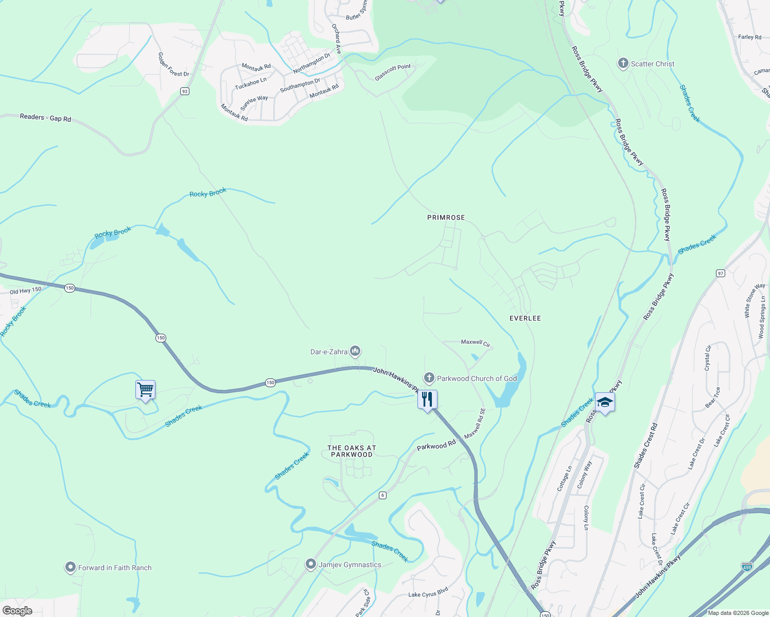 map of restaurants, bars, coffee shops, grocery stores, and more near 461 Maxwell Road Southeast in Bessemer