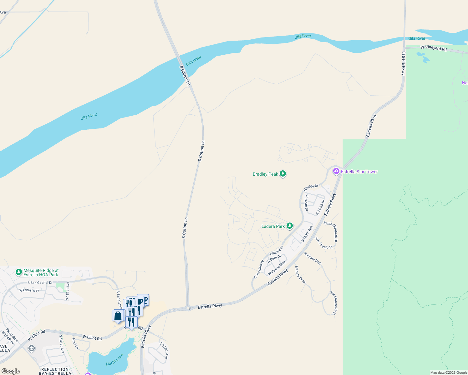 map of restaurants, bars, coffee shops, grocery stores, and more near South Cotton Lane in Goodyear