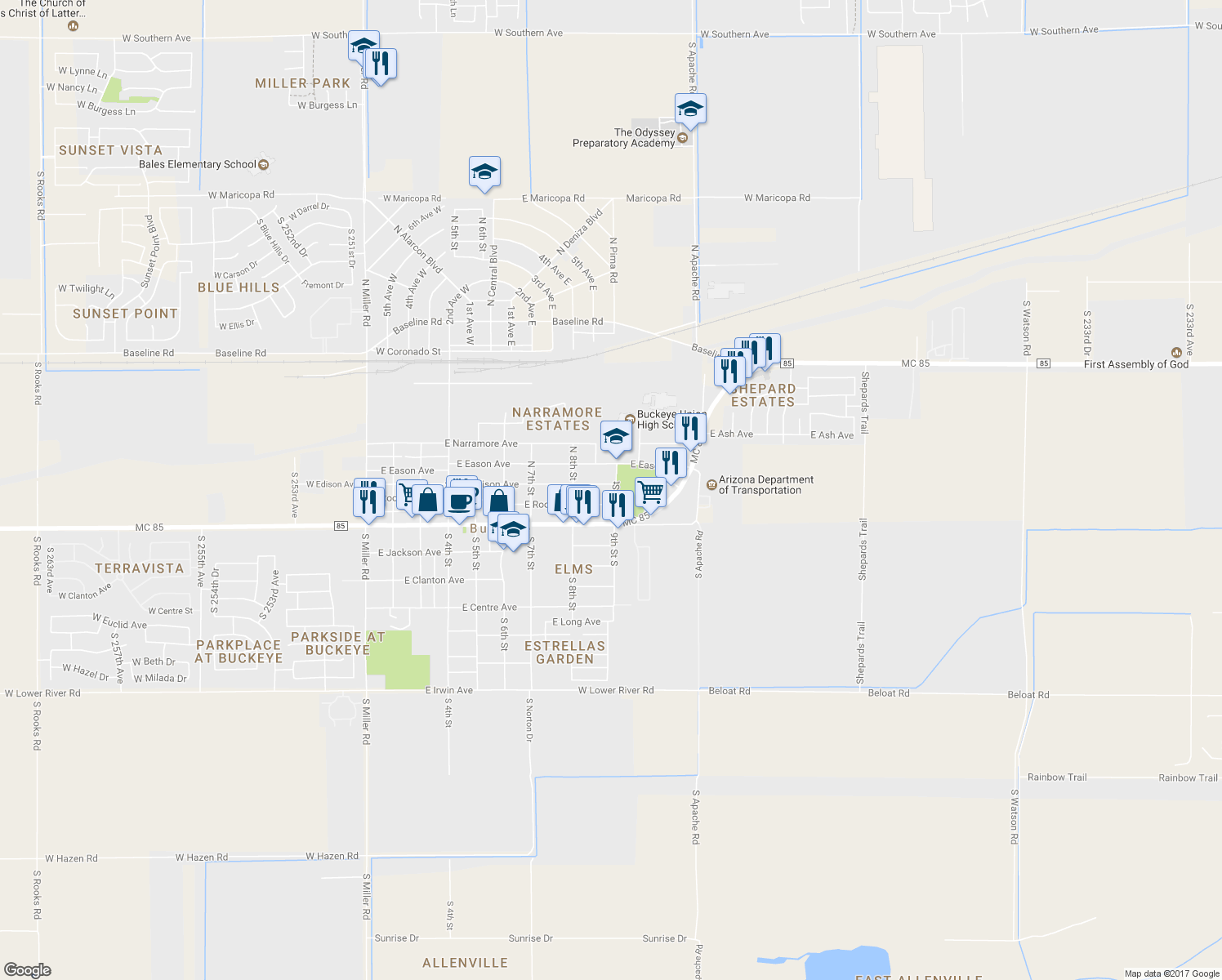 map of restaurants, bars, coffee shops, grocery stores, and more near 210 North 9th Street in Buckeye