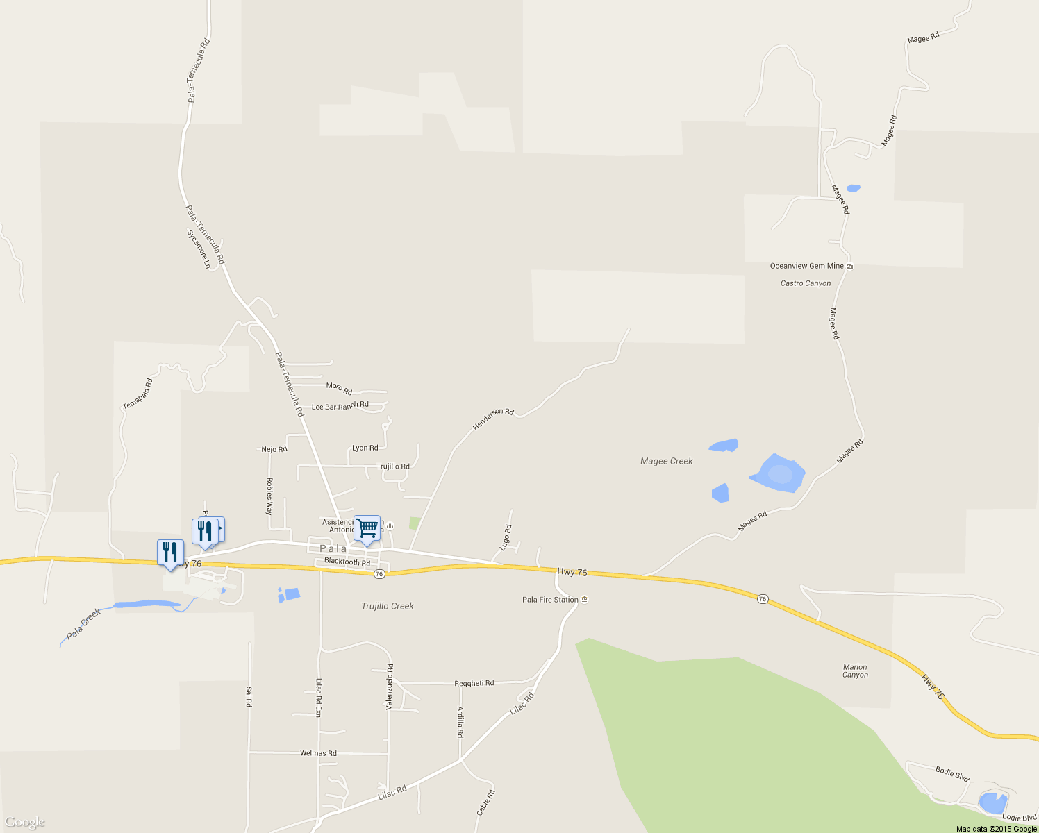 map of restaurants, bars, coffee shops, grocery stores, and more near Henderson Road in Pala