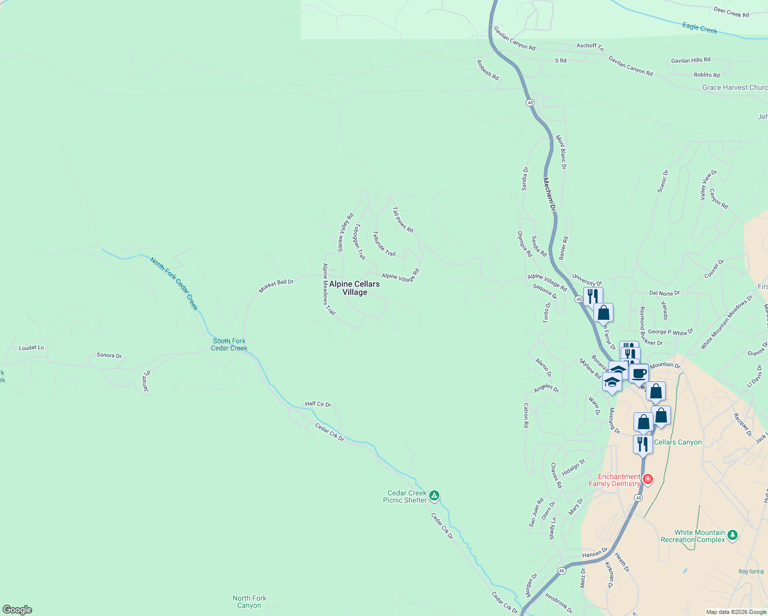 map of restaurants, bars, coffee shops, grocery stores, and more near 100-112 Mt Hood in Ruidoso