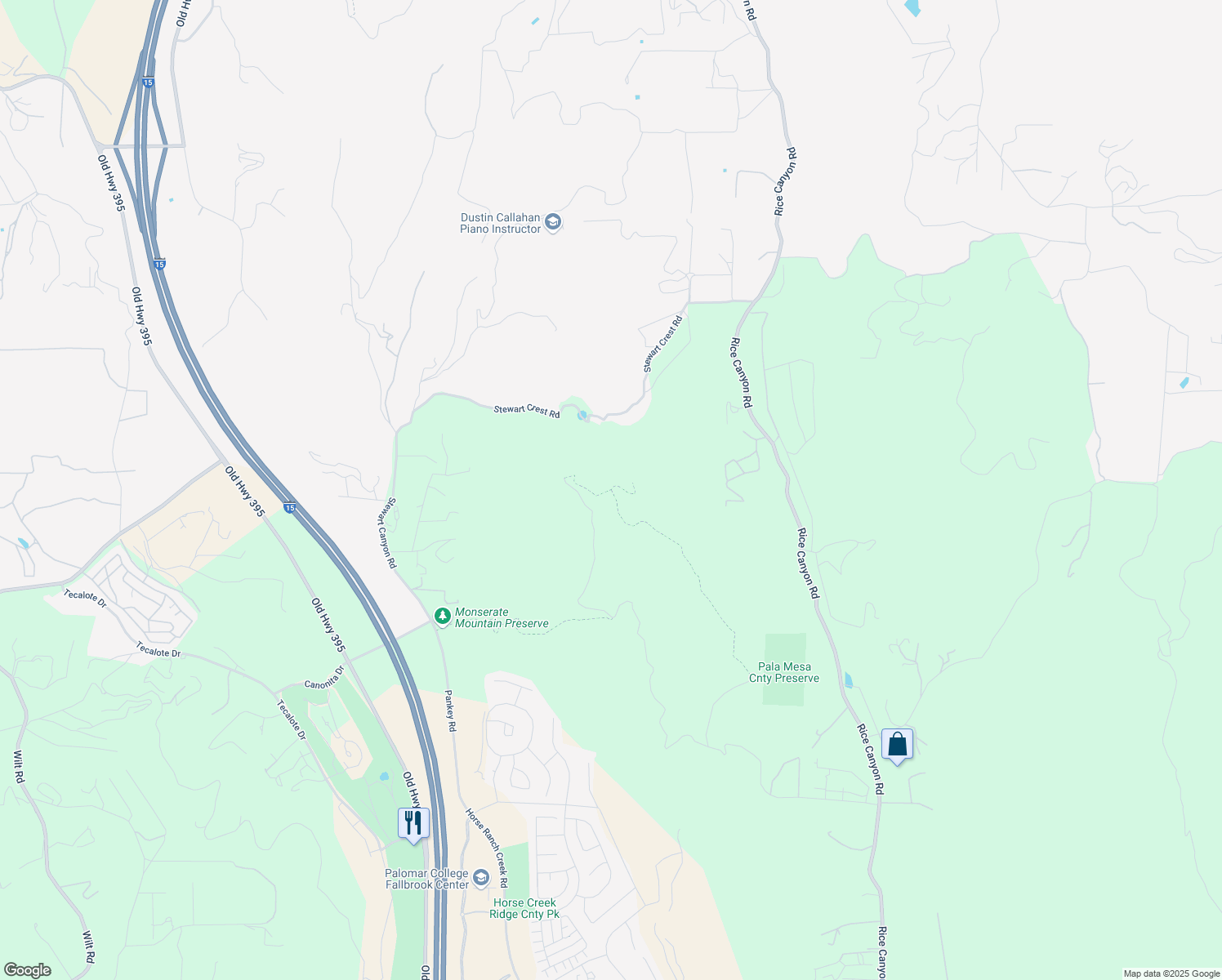 map of restaurants, bars, coffee shops, grocery stores, and more near Pala Mesa Mountain Drive in San Diego County