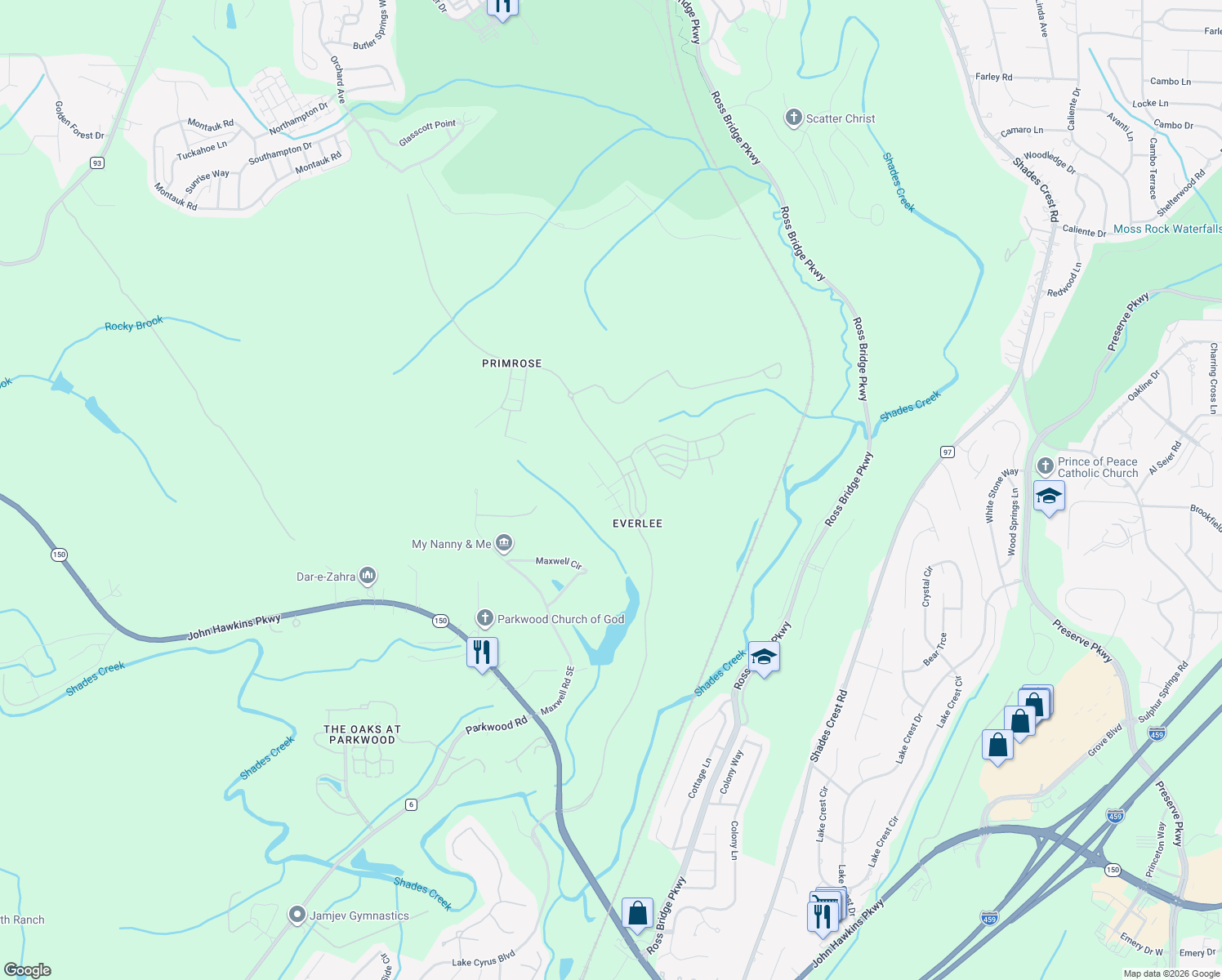 map of restaurants, bars, coffee shops, grocery stores, and more near 156 Maxwell Circle in Bessemer
