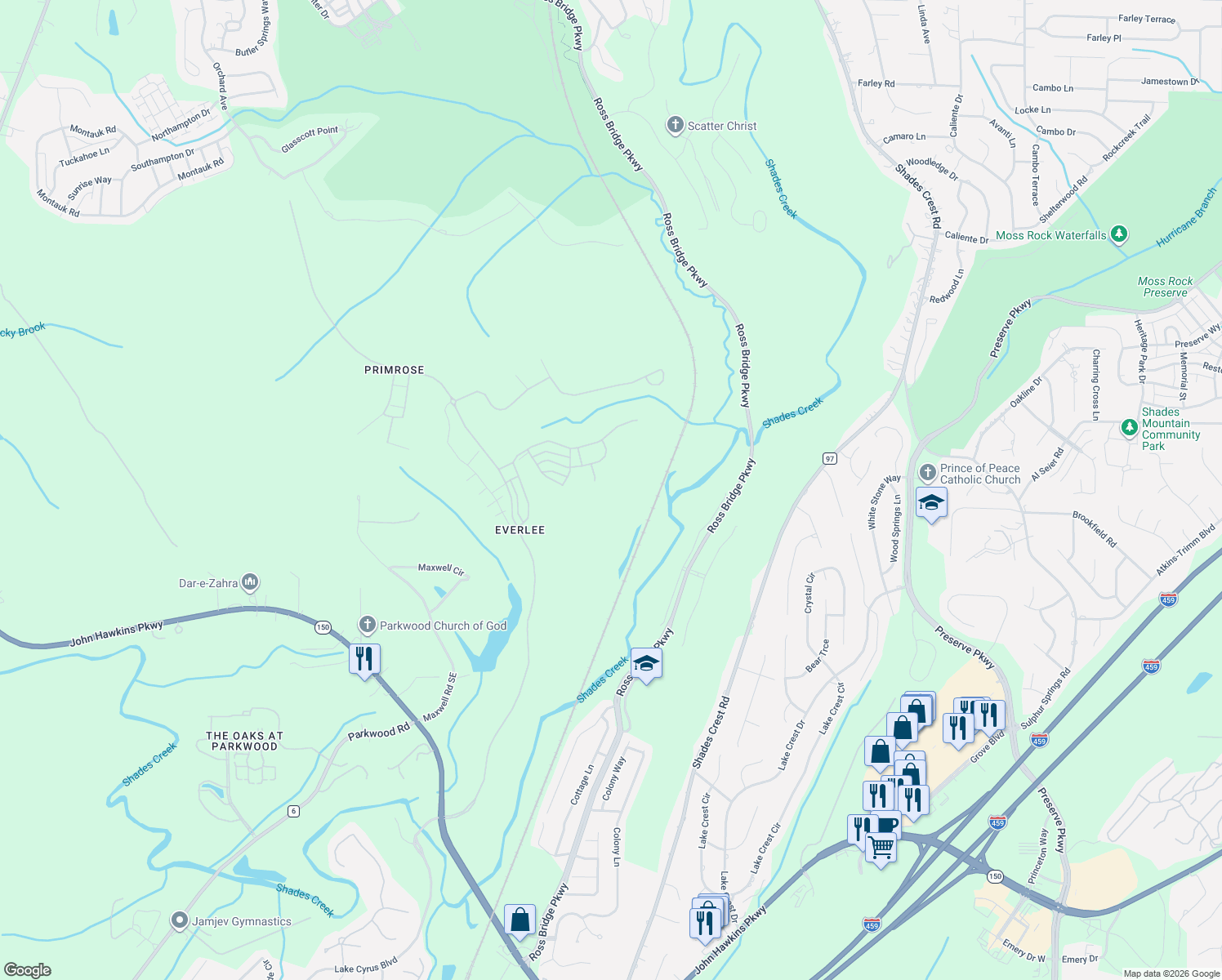 map of restaurants, bars, coffee shops, grocery stores, and more near 4451 Ross Bridge Parkway in Birmingham