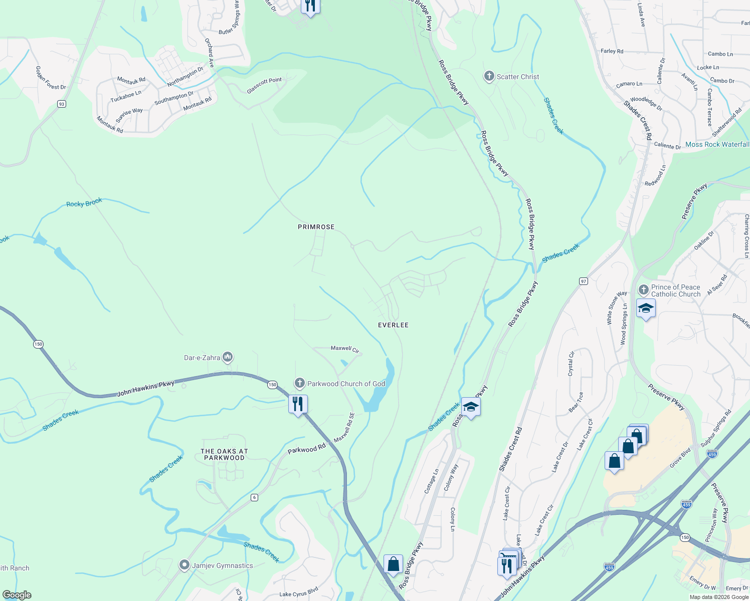 map of restaurants, bars, coffee shops, grocery stores, and more near 156 Maxwell Circle in Bessemer
