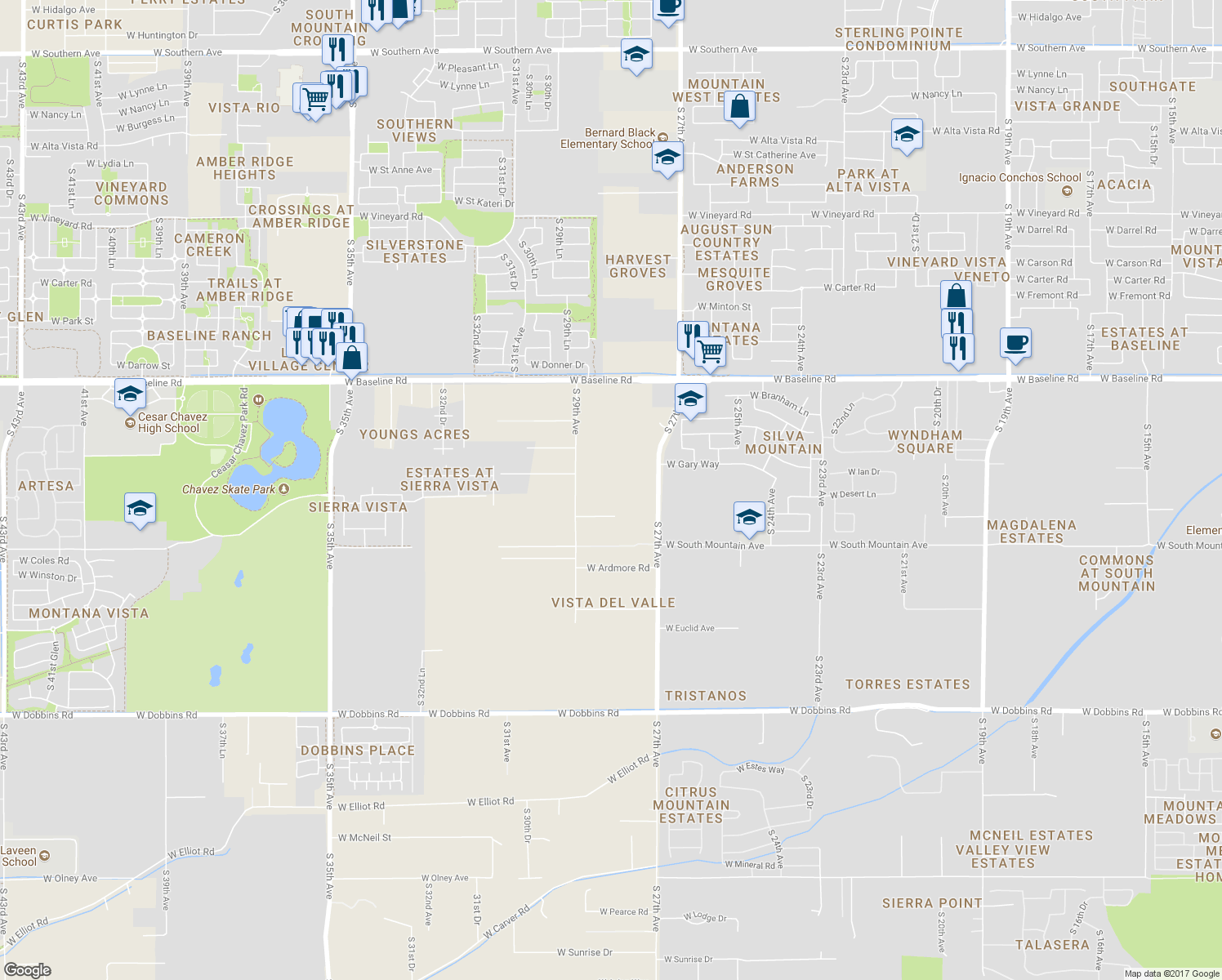 map of restaurants, bars, coffee shops, grocery stores, and more near 2807 West Gary Way in Maricopa County