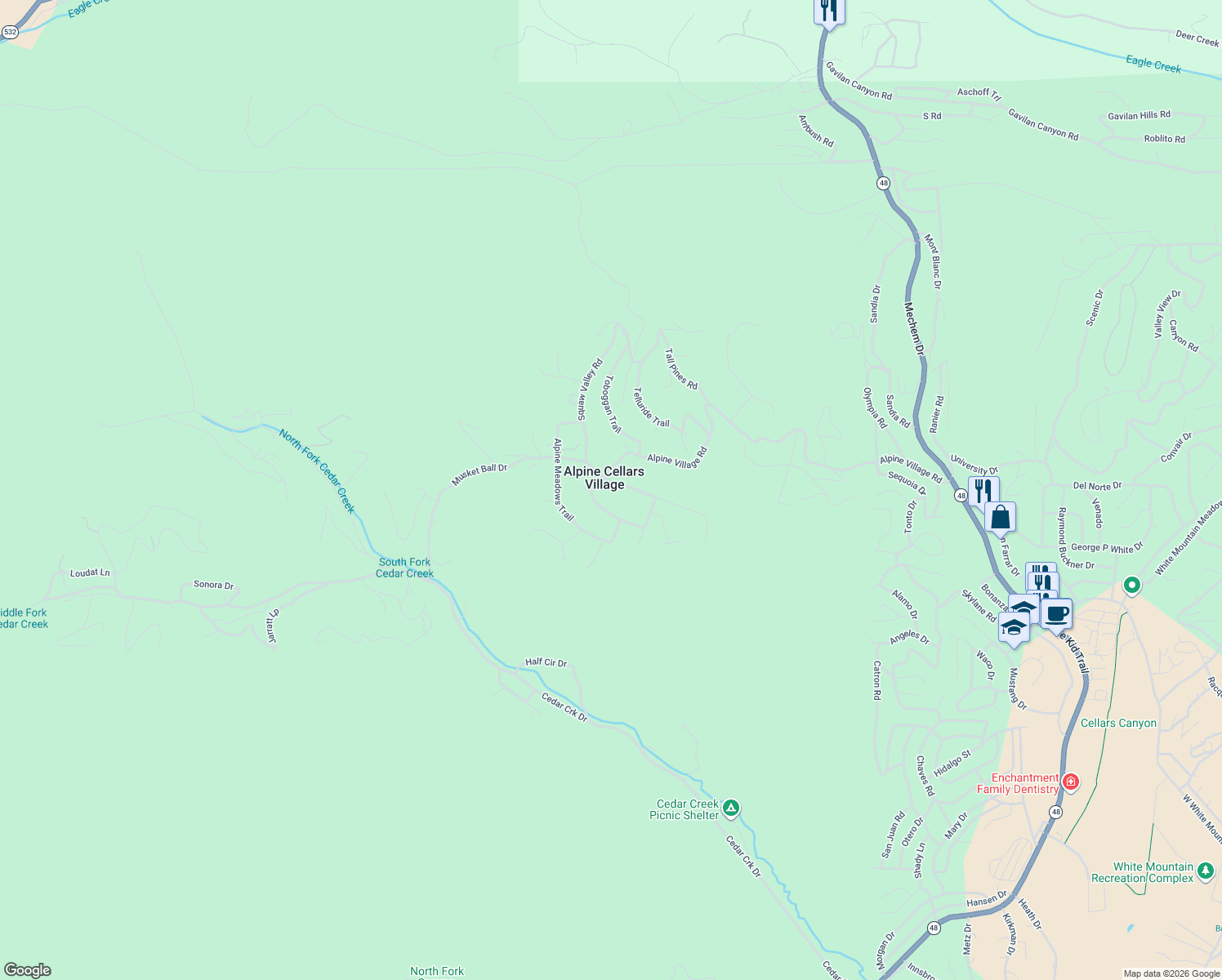 map of restaurants, bars, coffee shops, grocery stores, and more near 104 Big Bear Road in Ruidoso