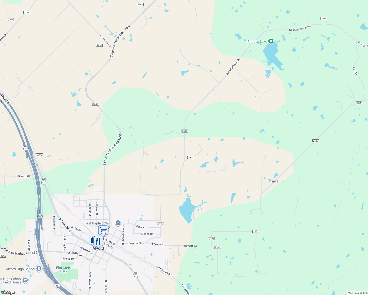map of restaurants, bars, coffee shops, grocery stores, and more near 4409 County Road 2690 in Alvord
