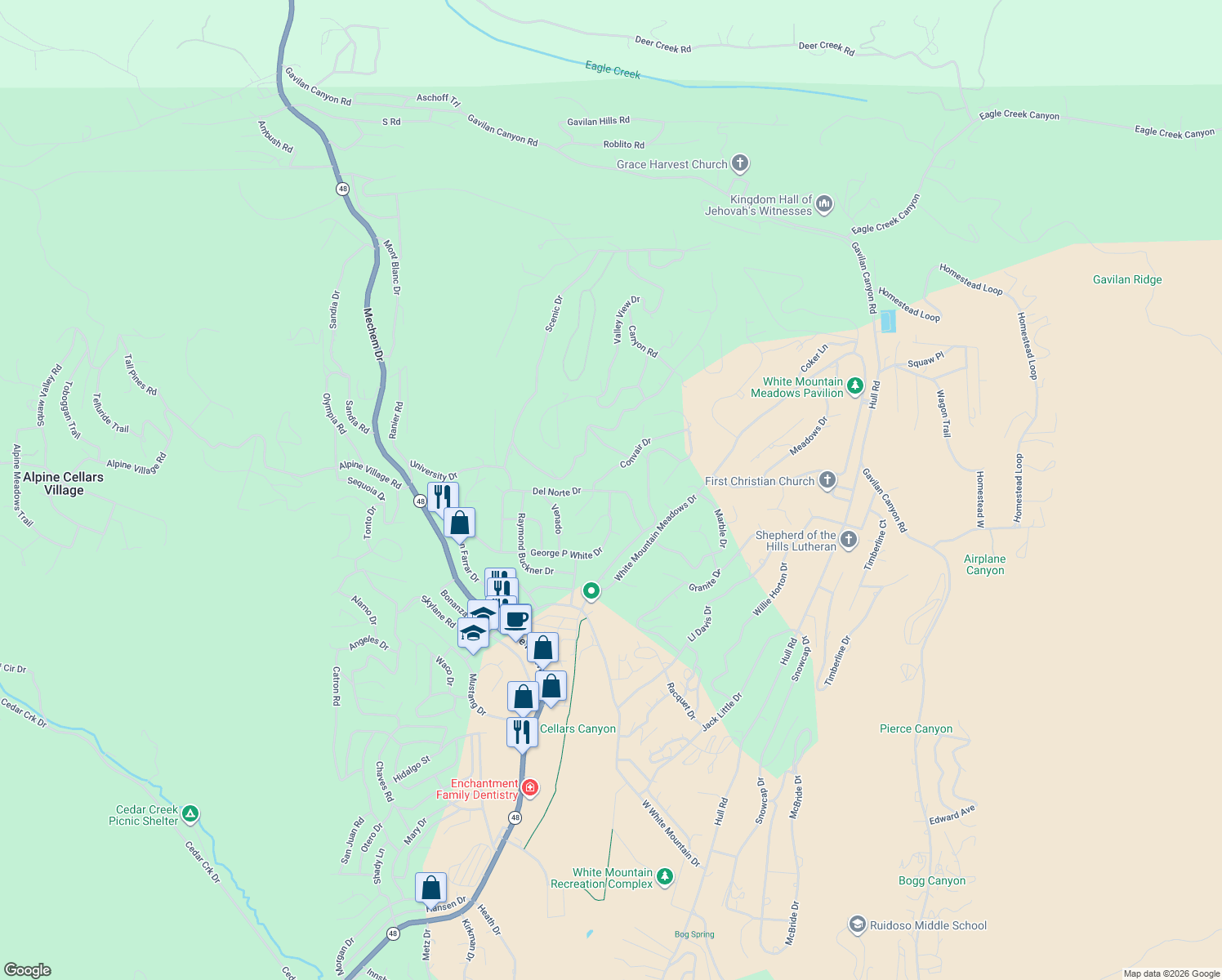map of restaurants, bars, coffee shops, grocery stores, and more near 182 Del Norte Dr in Ruidoso