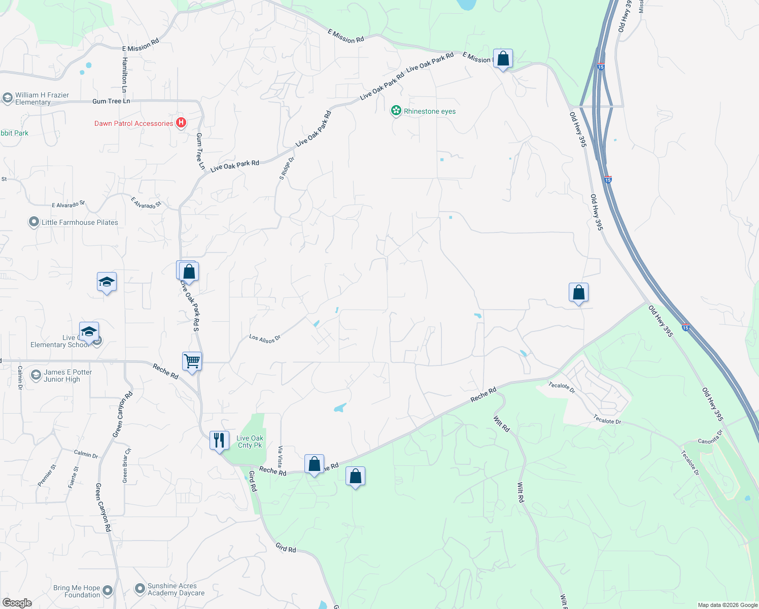 map of restaurants, bars, coffee shops, grocery stores, and more near 2980 Los Alisos Drive in Fallbrook