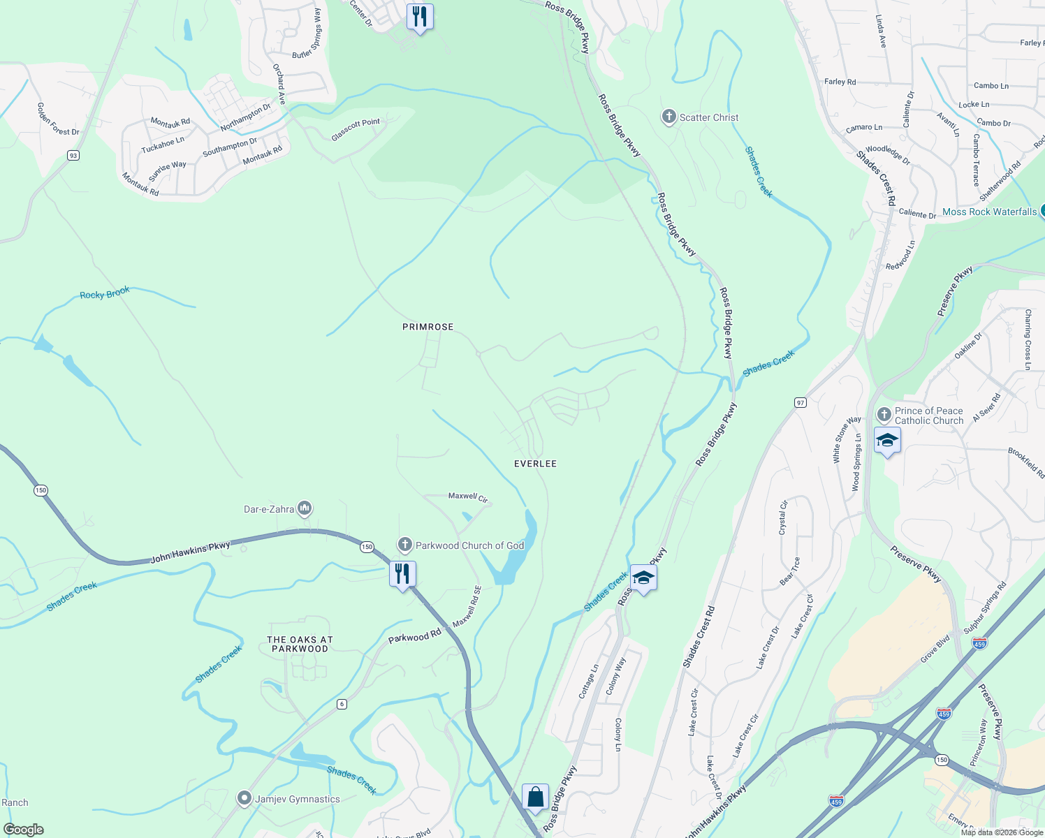 map of restaurants, bars, coffee shops, grocery stores, and more near 160 Maxwell Circle in Bessemer