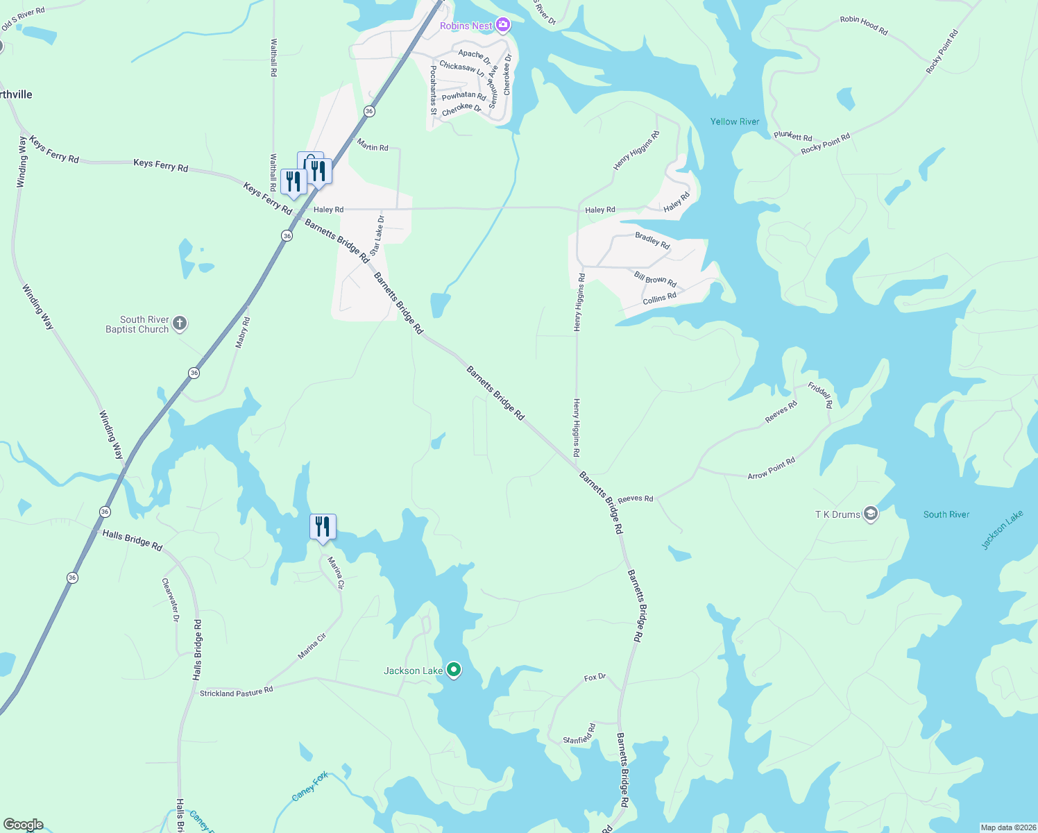 map of restaurants, bars, coffee shops, grocery stores, and more near 342 Barnetts Bridge Road in Jackson