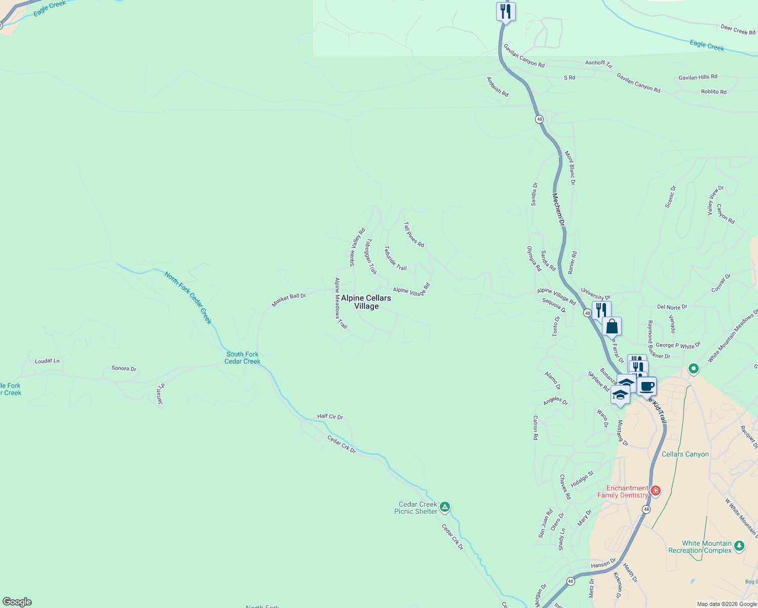map of restaurants, bars, coffee shops, grocery stores, and more near 103 Big Bear Road in Ruidoso
