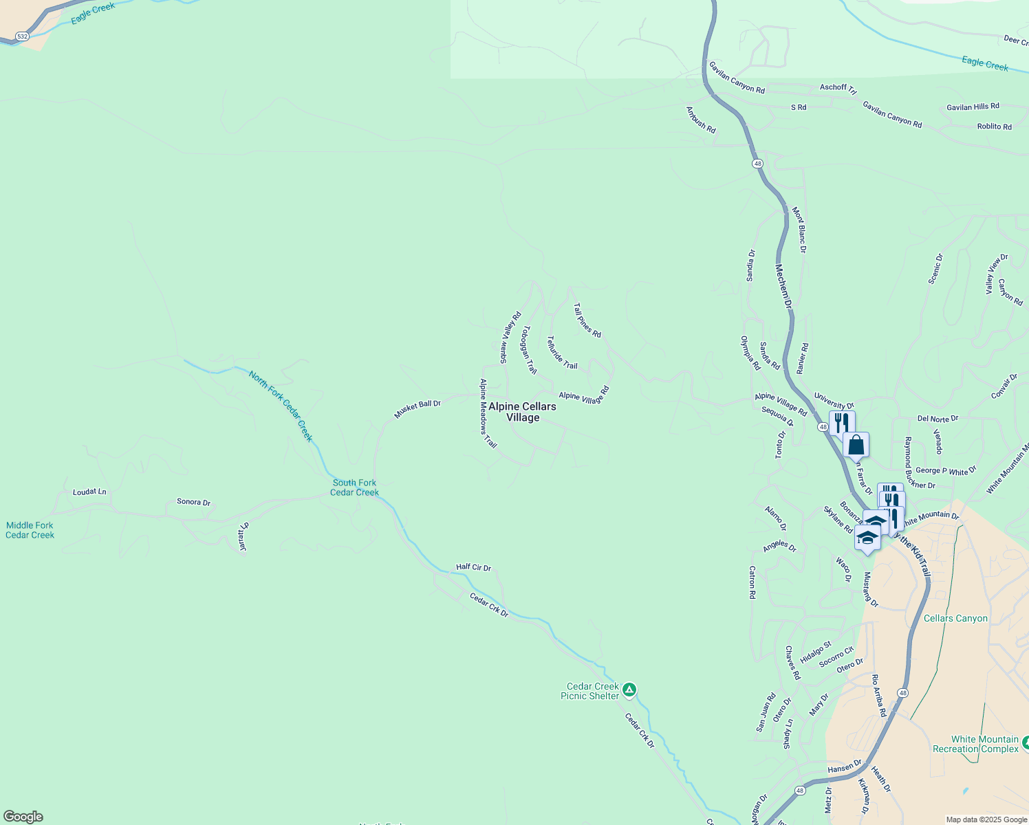 map of restaurants, bars, coffee shops, grocery stores, and more near 205-207 Musket Ball Drive in Ruidoso