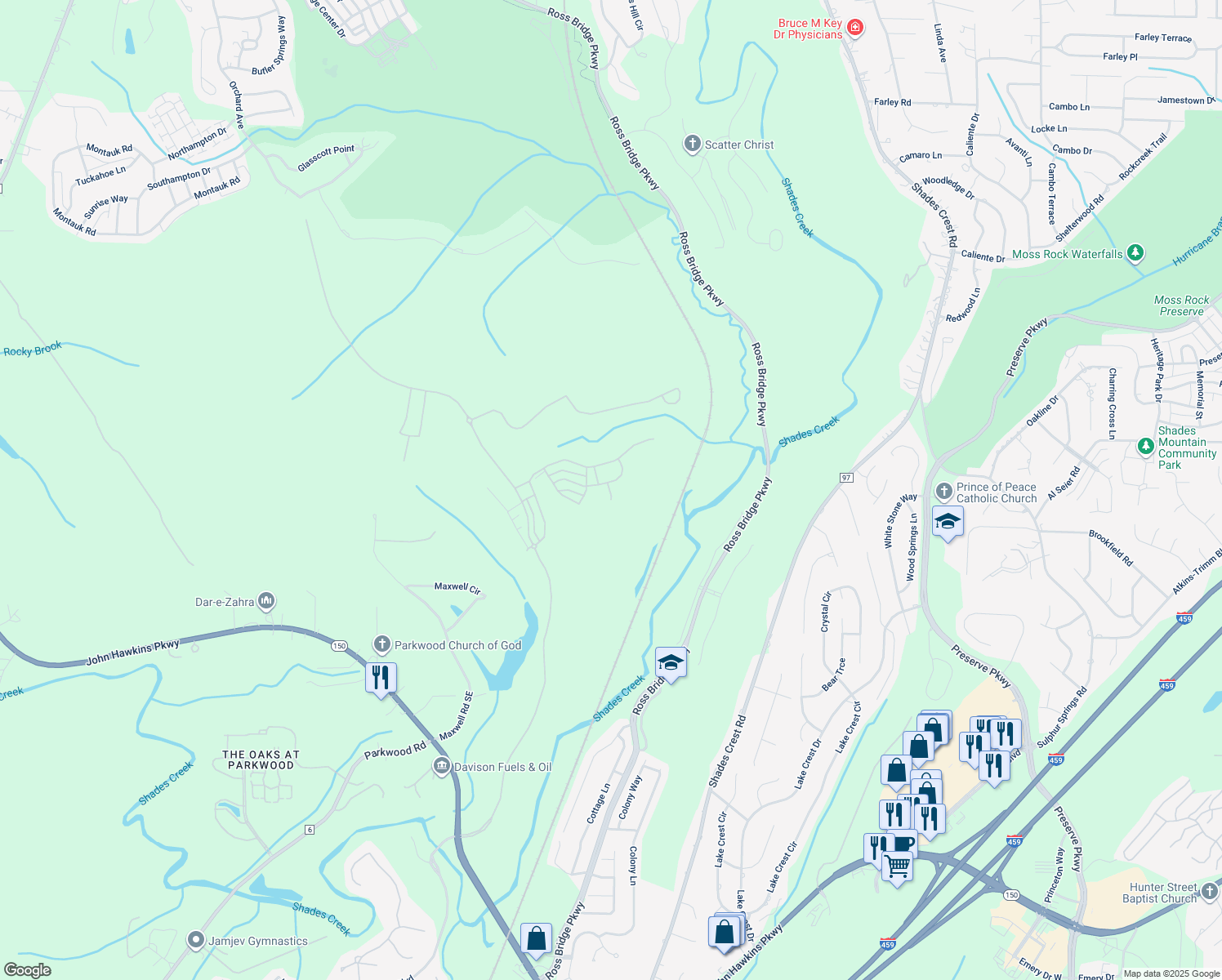 map of restaurants, bars, coffee shops, grocery stores, and more near 150 Maxwell Circle in Bessemer