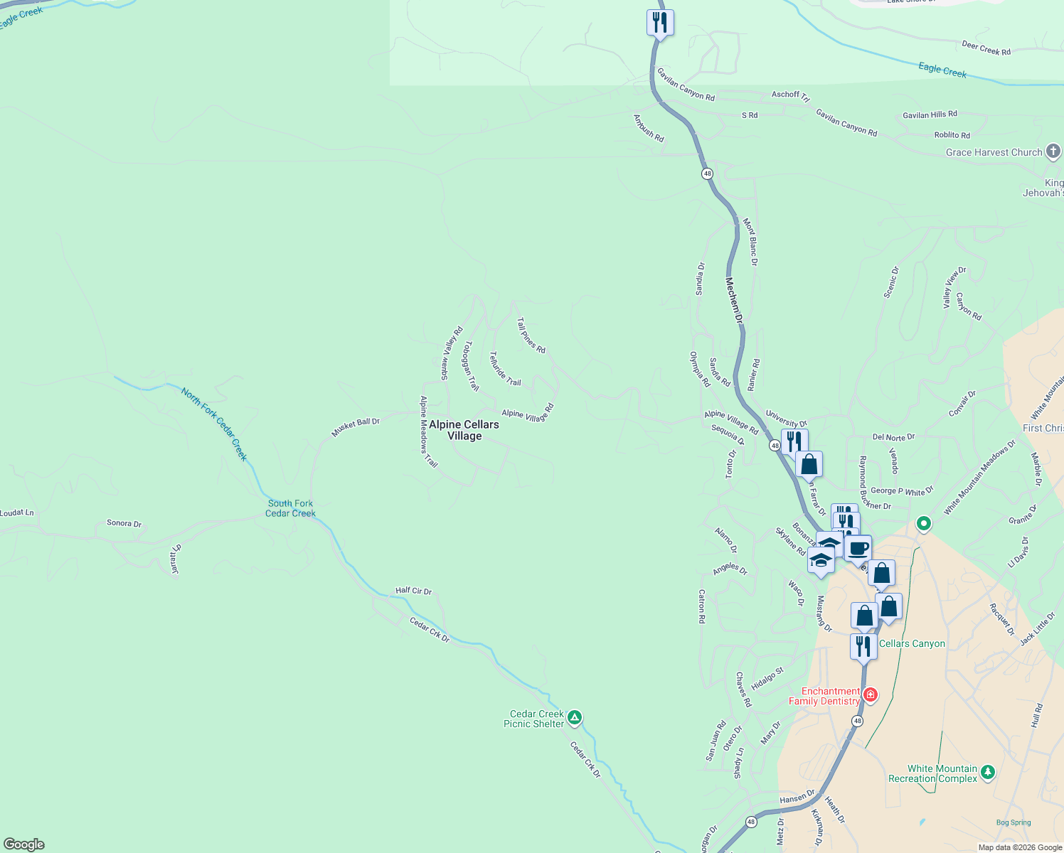 map of restaurants, bars, coffee shops, grocery stores, and more near 273-299 Alpine Village Road in Ruidoso