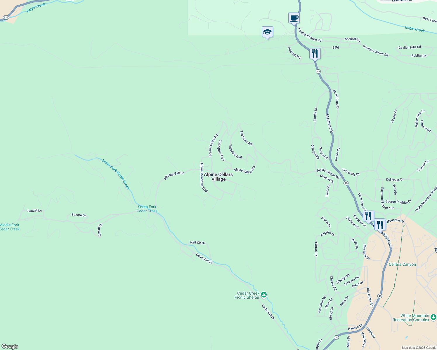 map of restaurants, bars, coffee shops, grocery stores, and more near 205 Musket Ball Drive in Ruidoso