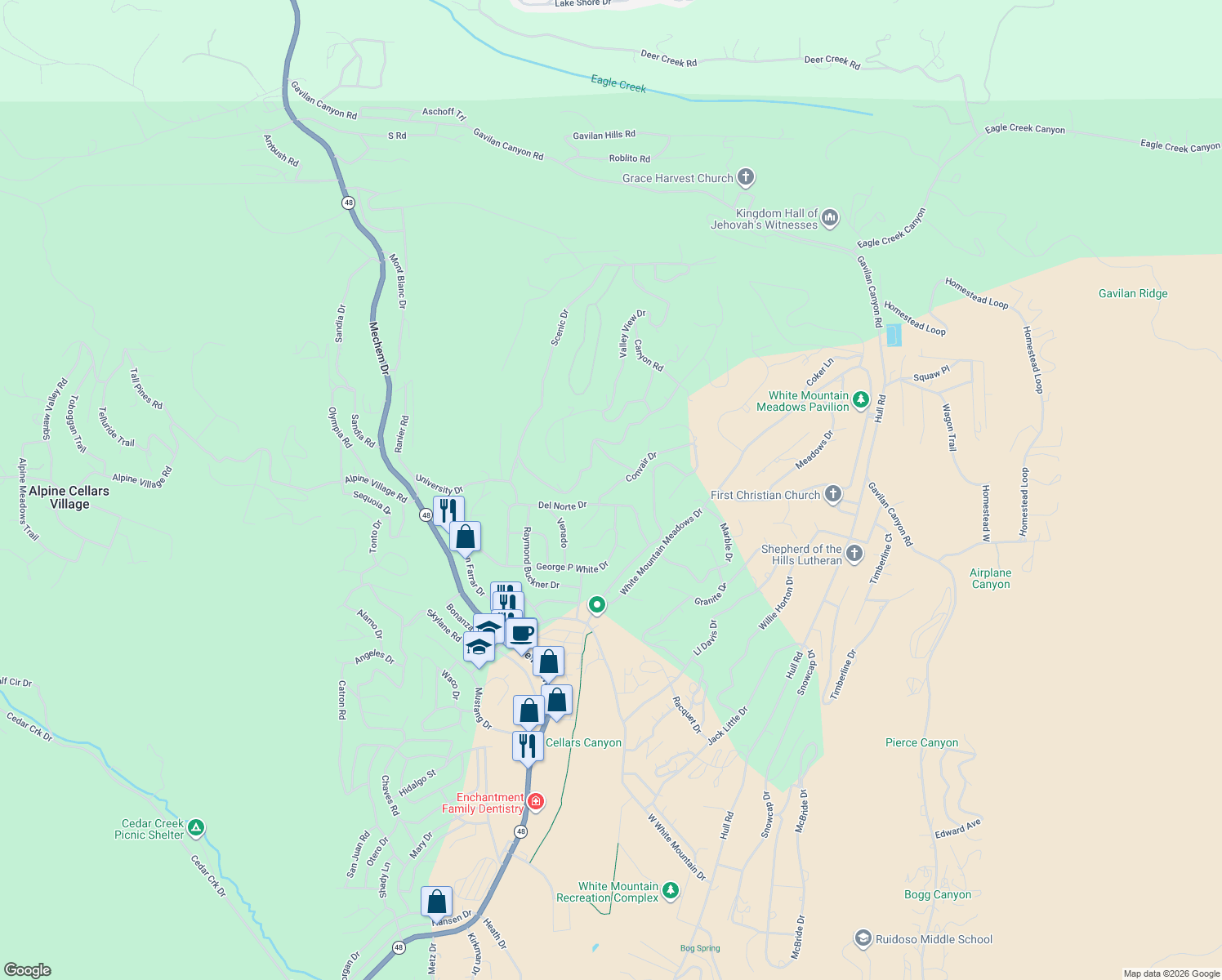 map of restaurants, bars, coffee shops, grocery stores, and more near 114 Convair Drive in Ruidoso