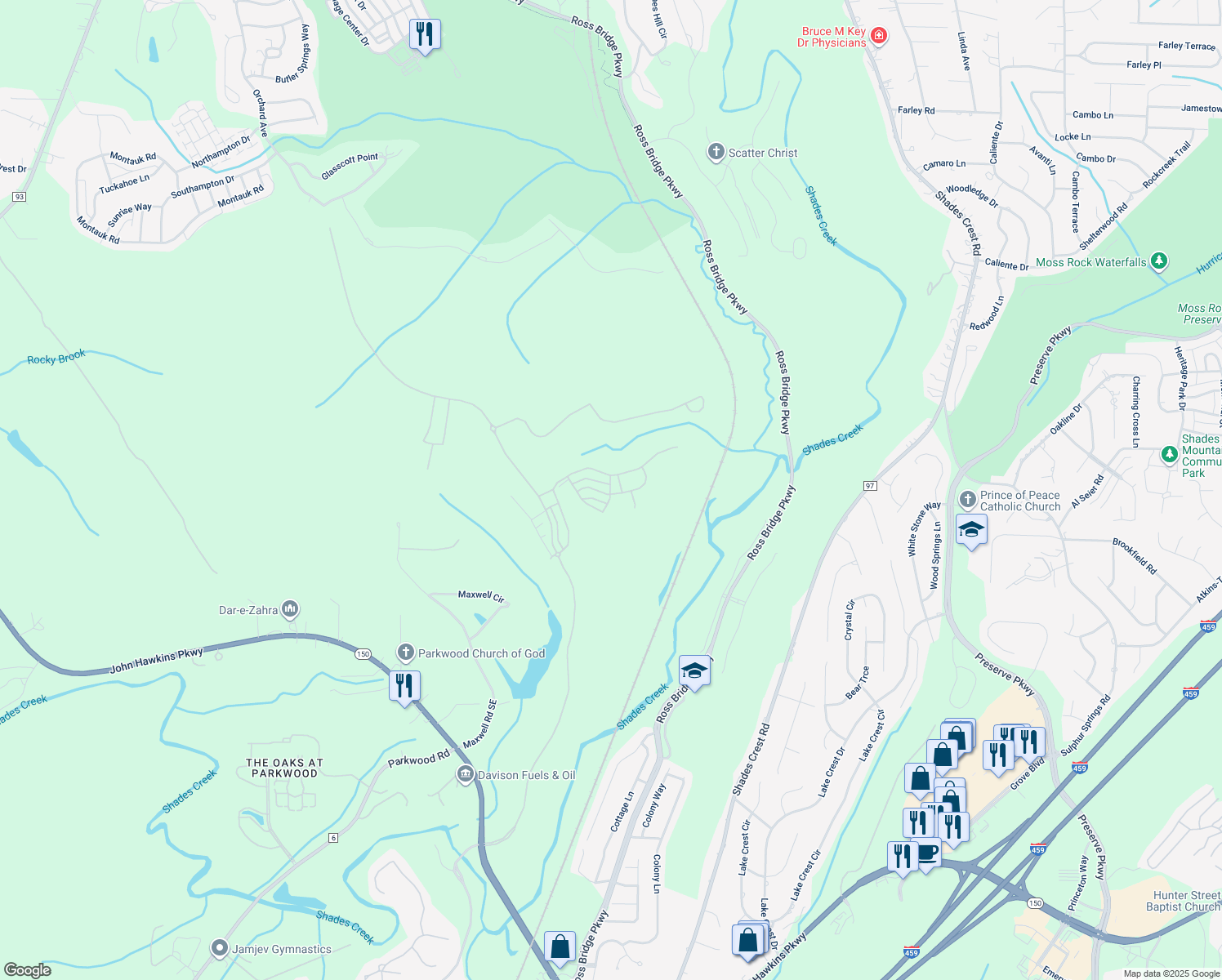 map of restaurants, bars, coffee shops, grocery stores, and more near 150 Maxwell Circle in Bessemer