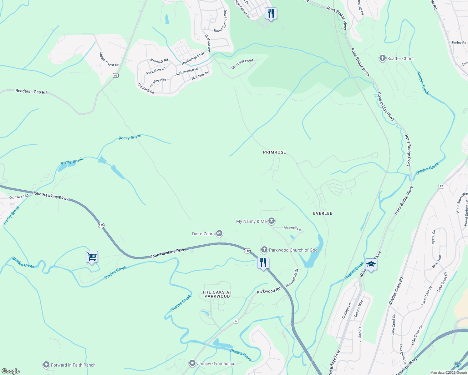 map of restaurants, bars, coffee shops, grocery stores, and more near 461 Maxwell Road Southeast in Bessemer