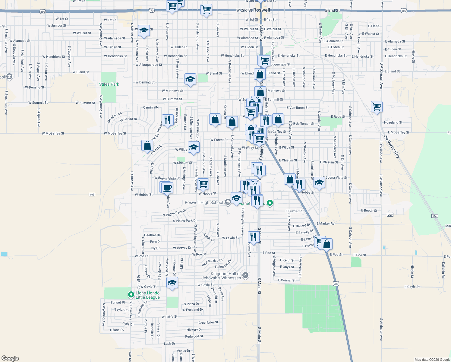 map of restaurants, bars, coffee shops, grocery stores, and more near 1605 South Madison Avenue in Roswell