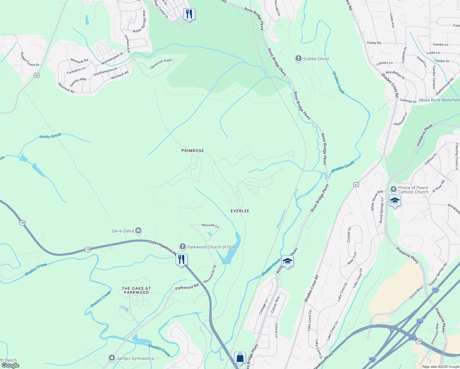 map of restaurants, bars, coffee shops, grocery stores, and more near 160 Maxwell Circle in Bessemer