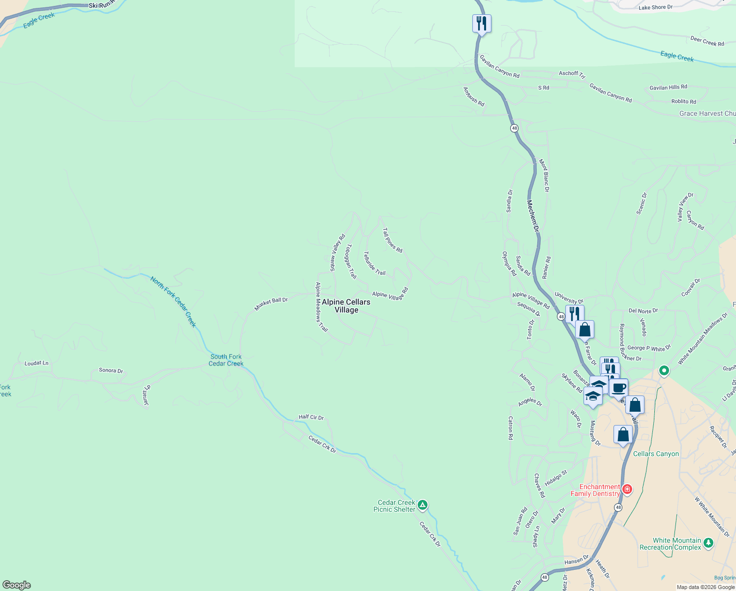 map of restaurants, bars, coffee shops, grocery stores, and more near 104-111 Big Bear Road in Ruidoso