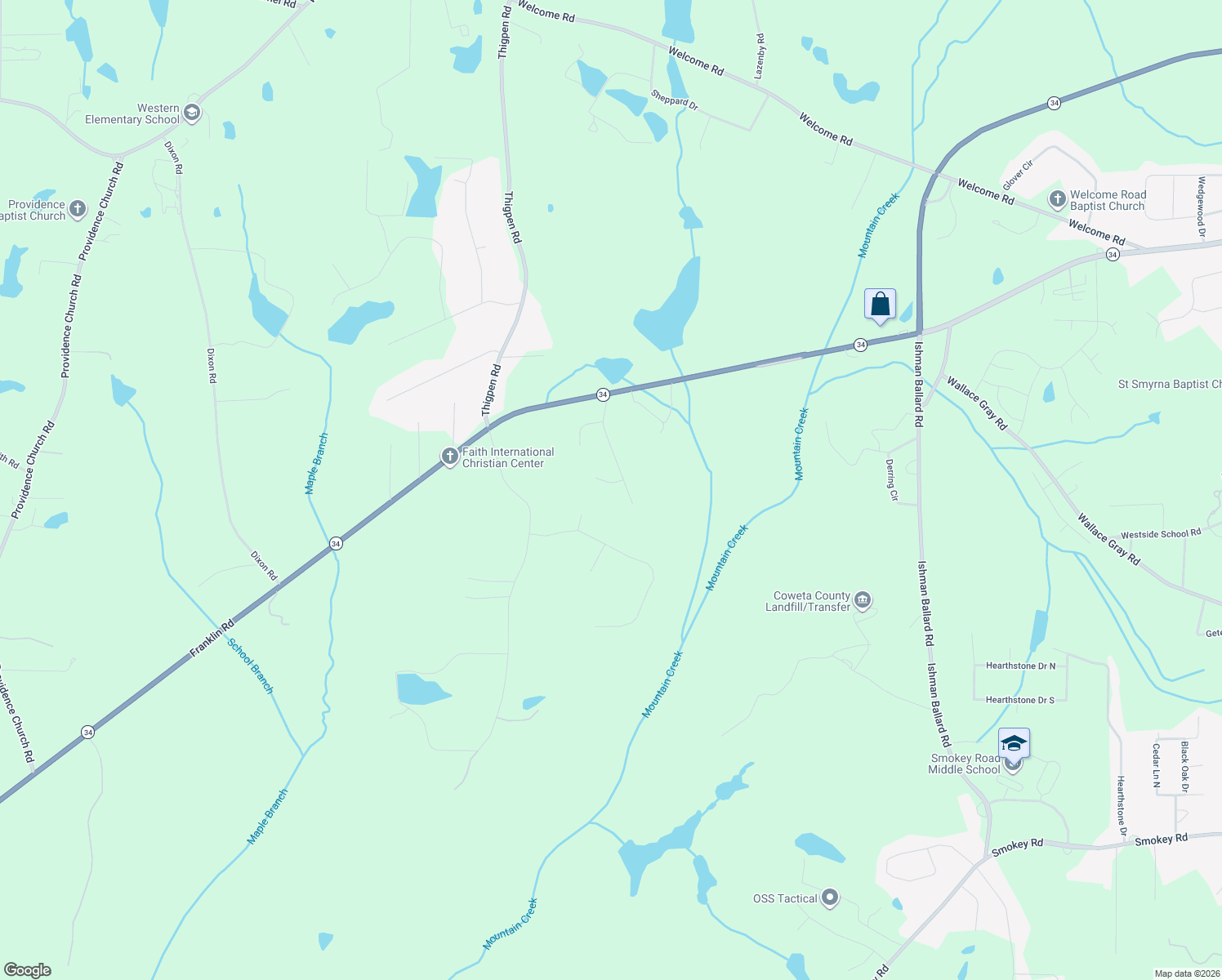 map of restaurants, bars, coffee shops, grocery stores, and more near 115 Hubbard Drive in Newnan