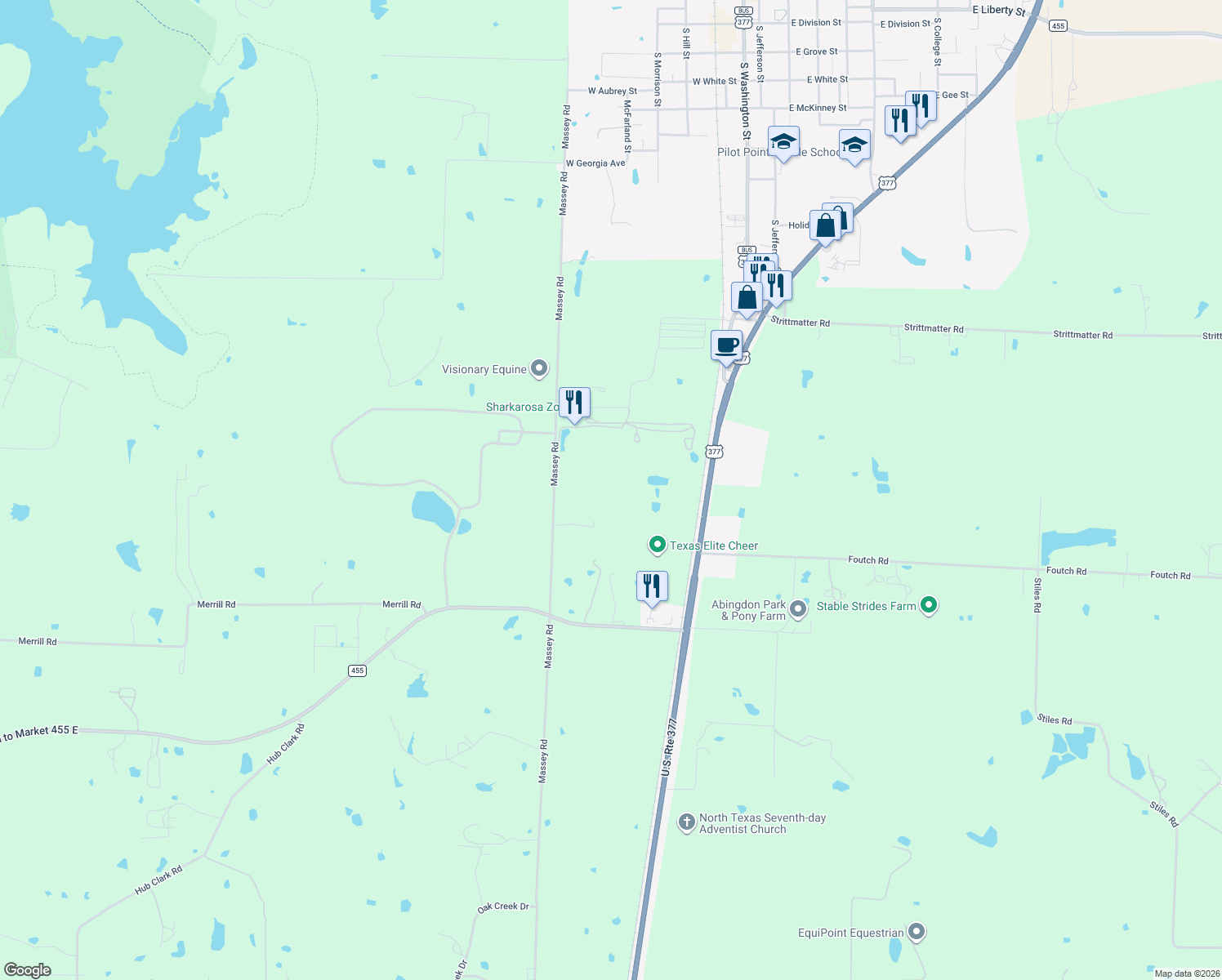 map of restaurants, bars, coffee shops, grocery stores, and more near 1316 South Highway 377 in Pilot Point