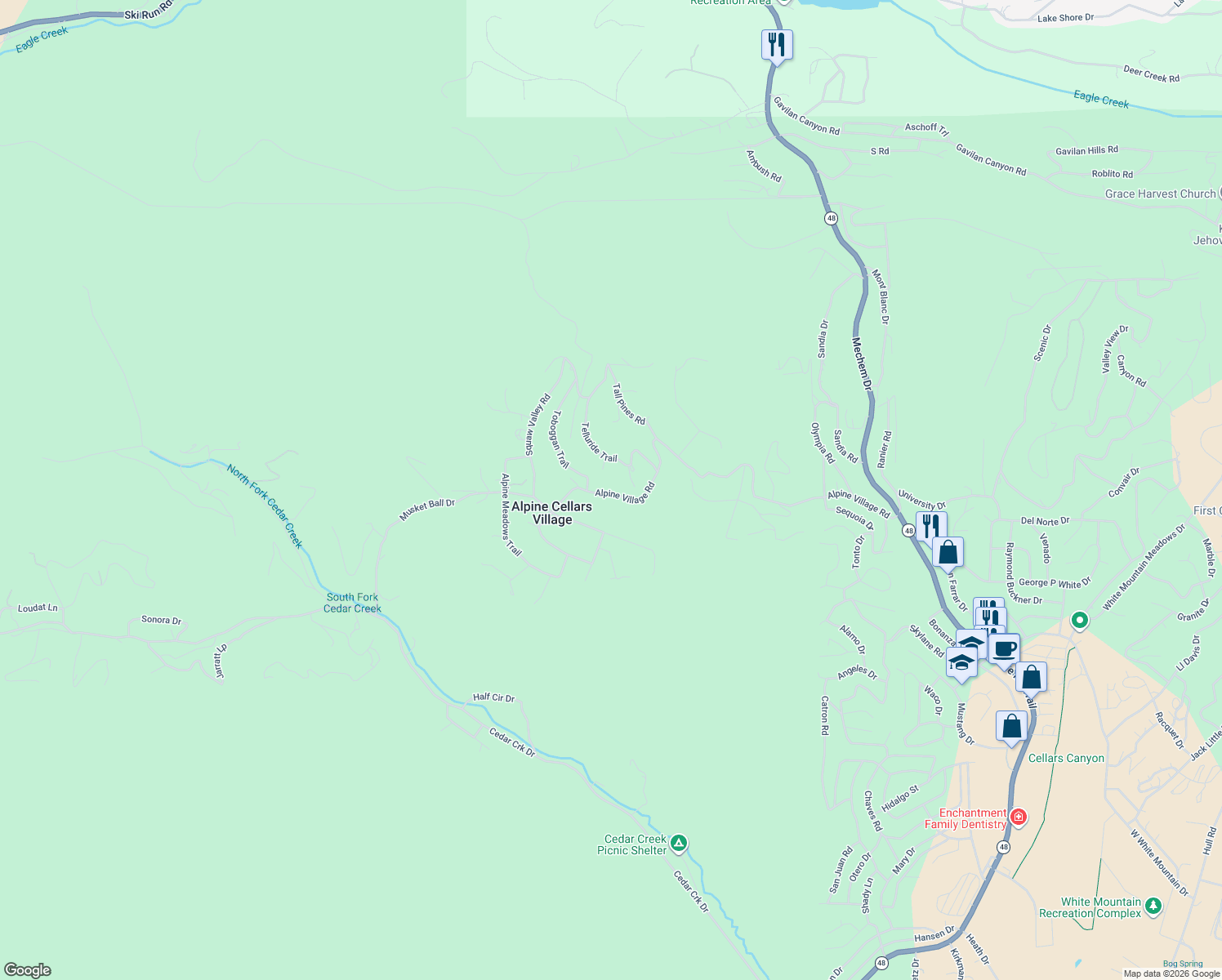 map of restaurants, bars, coffee shops, grocery stores, and more near 294 Alpine Village Rd in Ruidoso