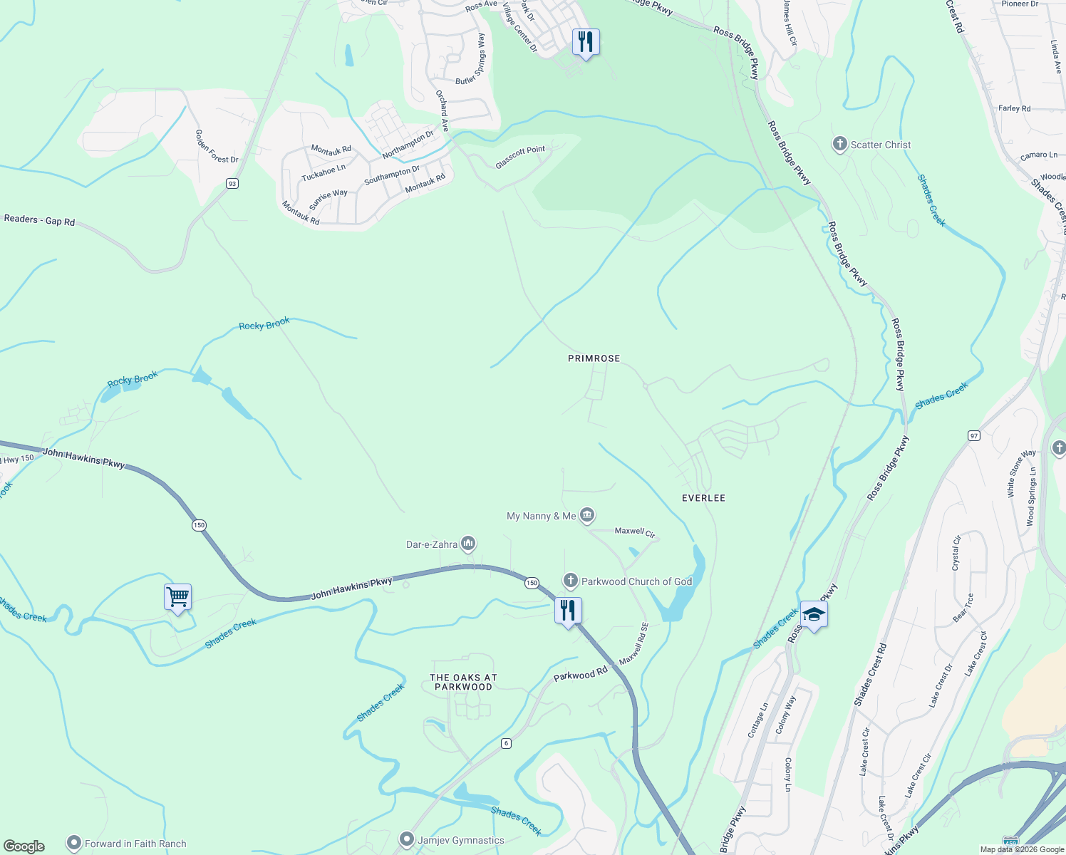 map of restaurants, bars, coffee shops, grocery stores, and more near 441 Maxwell Road Southeast in Bessemer