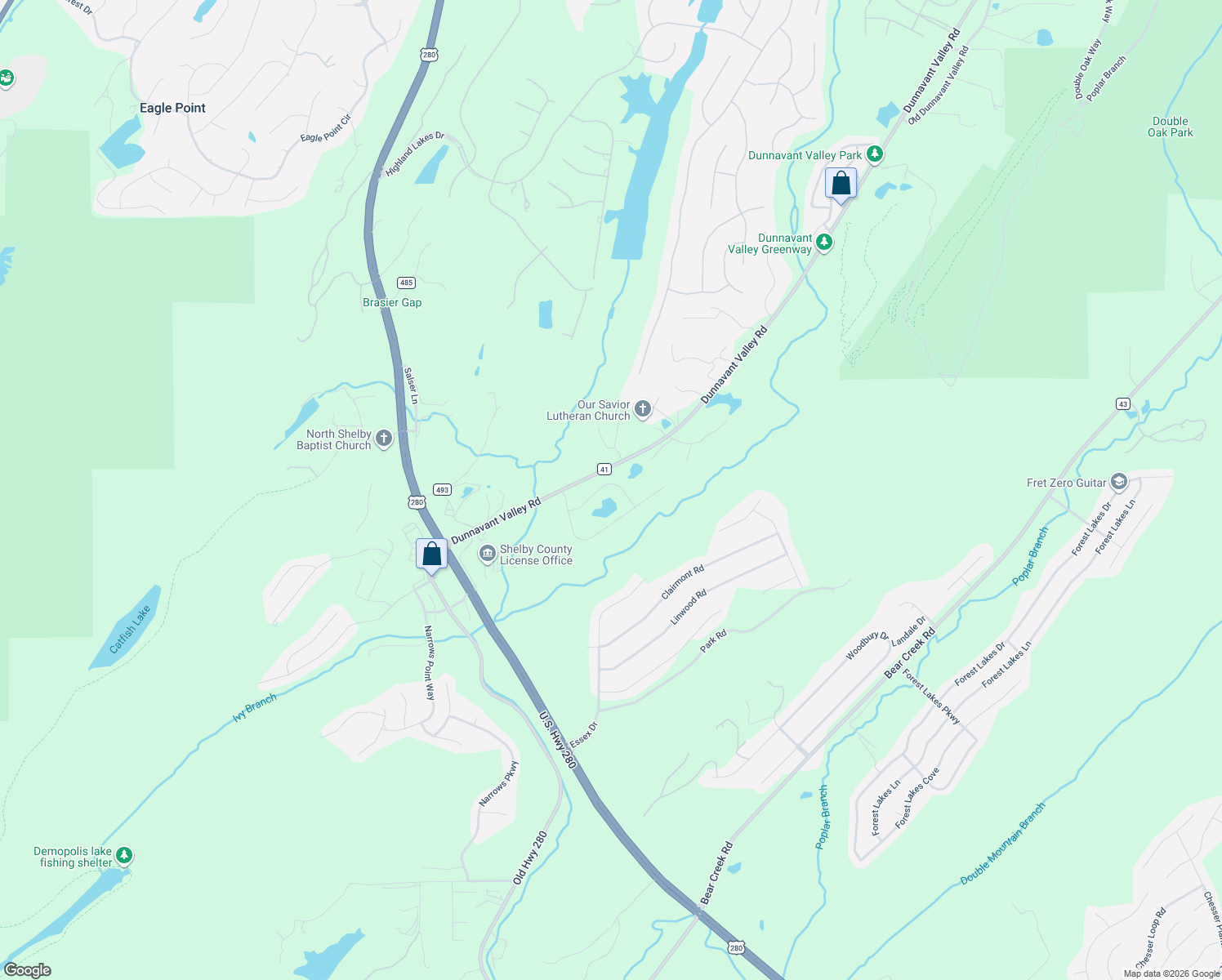 map of restaurants, bars, coffee shops, grocery stores, and more near 2317 Brock Drive in Birmingham