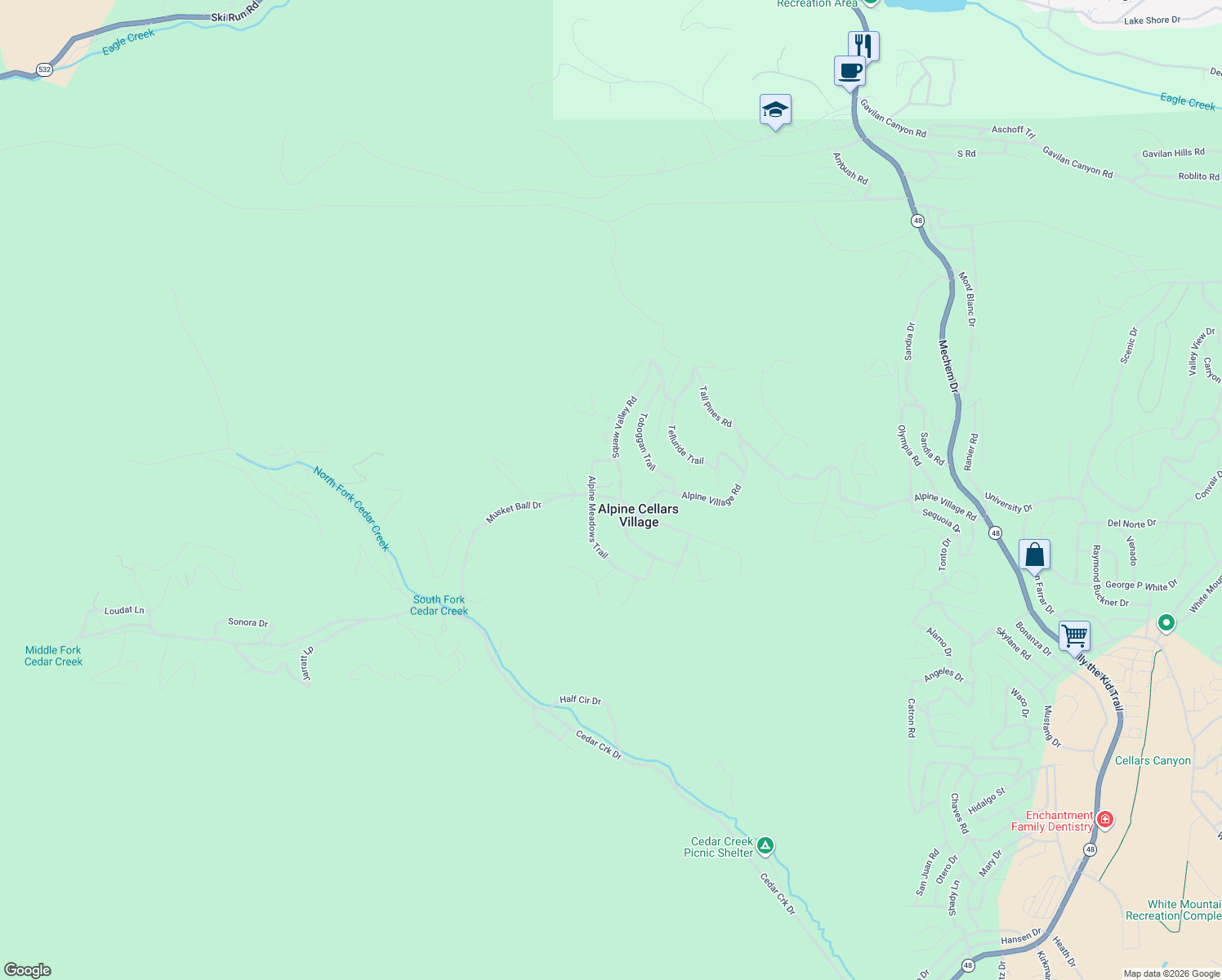 map of restaurants, bars, coffee shops, grocery stores, and more near 100-118 Squaw Valley Road in Ruidoso