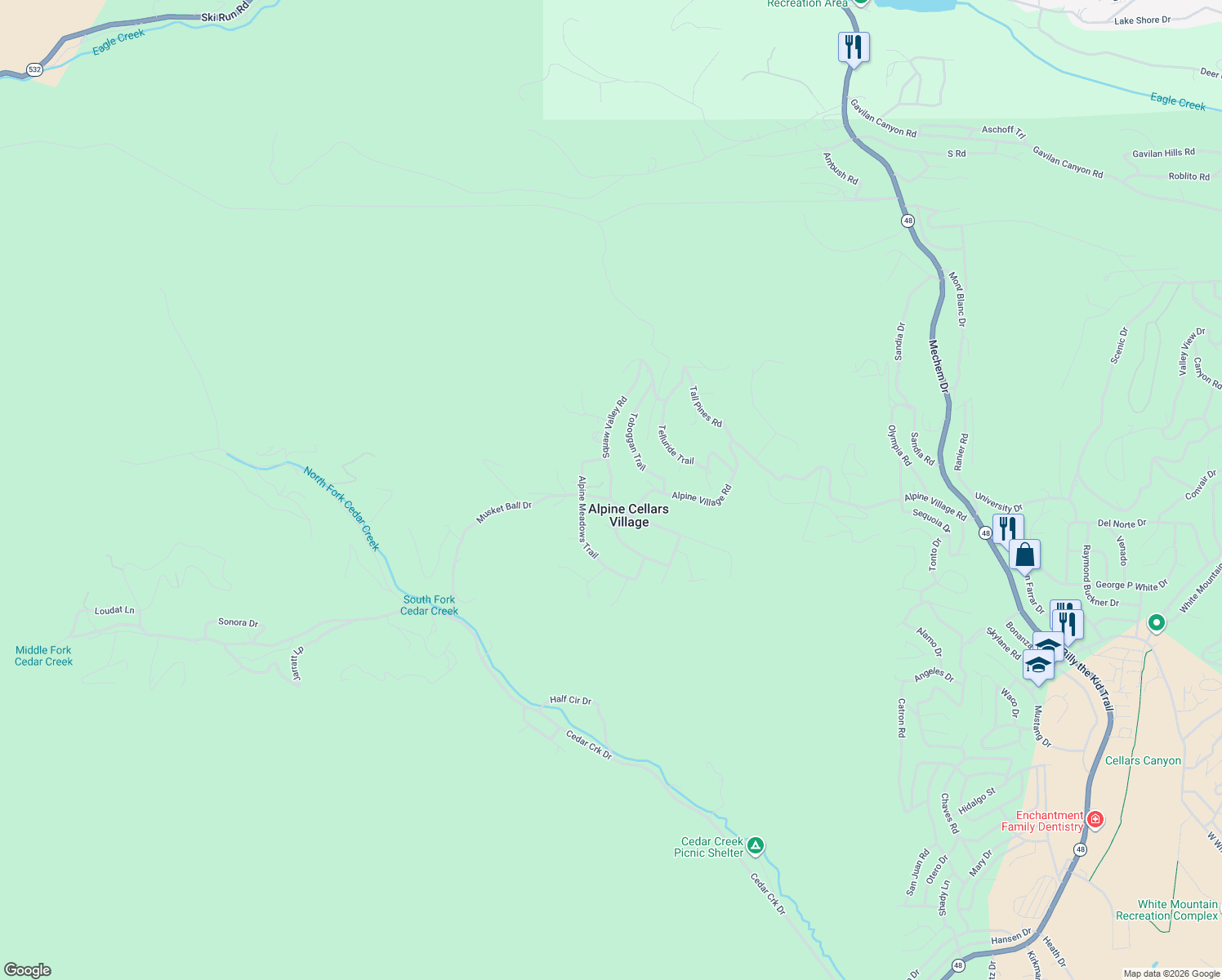 map of restaurants, bars, coffee shops, grocery stores, and more near 100 Squaw Valley Road in Ruidoso