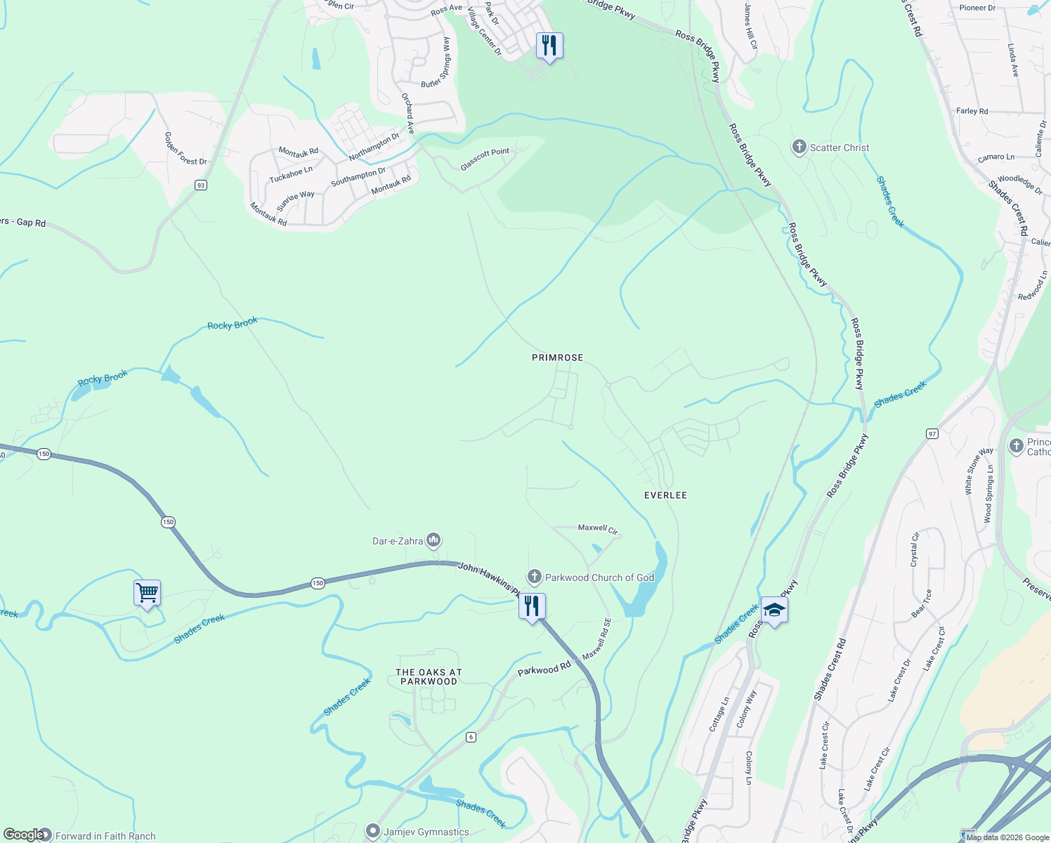 map of restaurants, bars, coffee shops, grocery stores, and more near 441 Maxwell Road Southeast in Bessemer