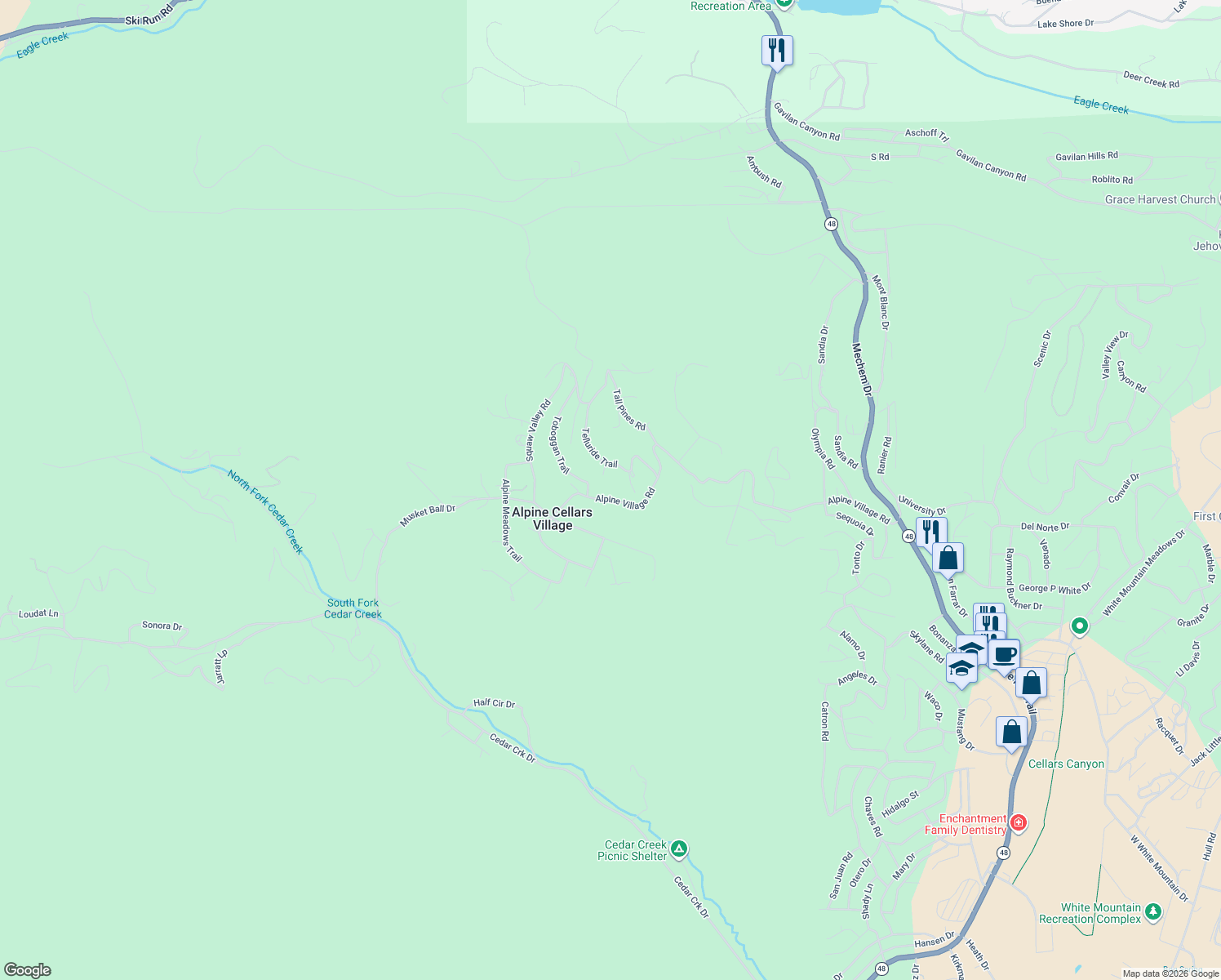 map of restaurants, bars, coffee shops, grocery stores, and more near 294 Alpine Village Rd in Ruidoso