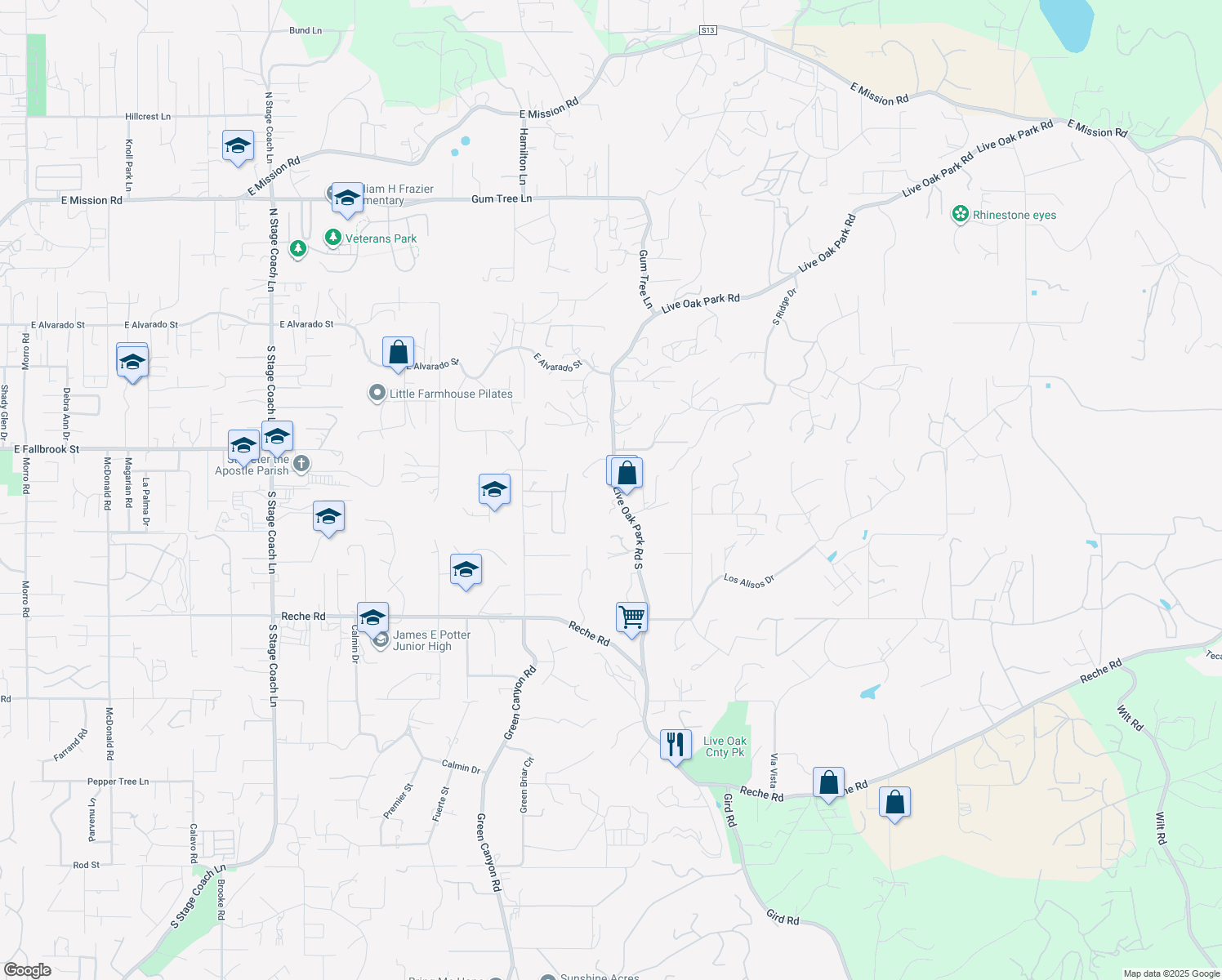 map of restaurants, bars, coffee shops, grocery stores, and more near 901 Live Oak Park Road South in Fallbrook