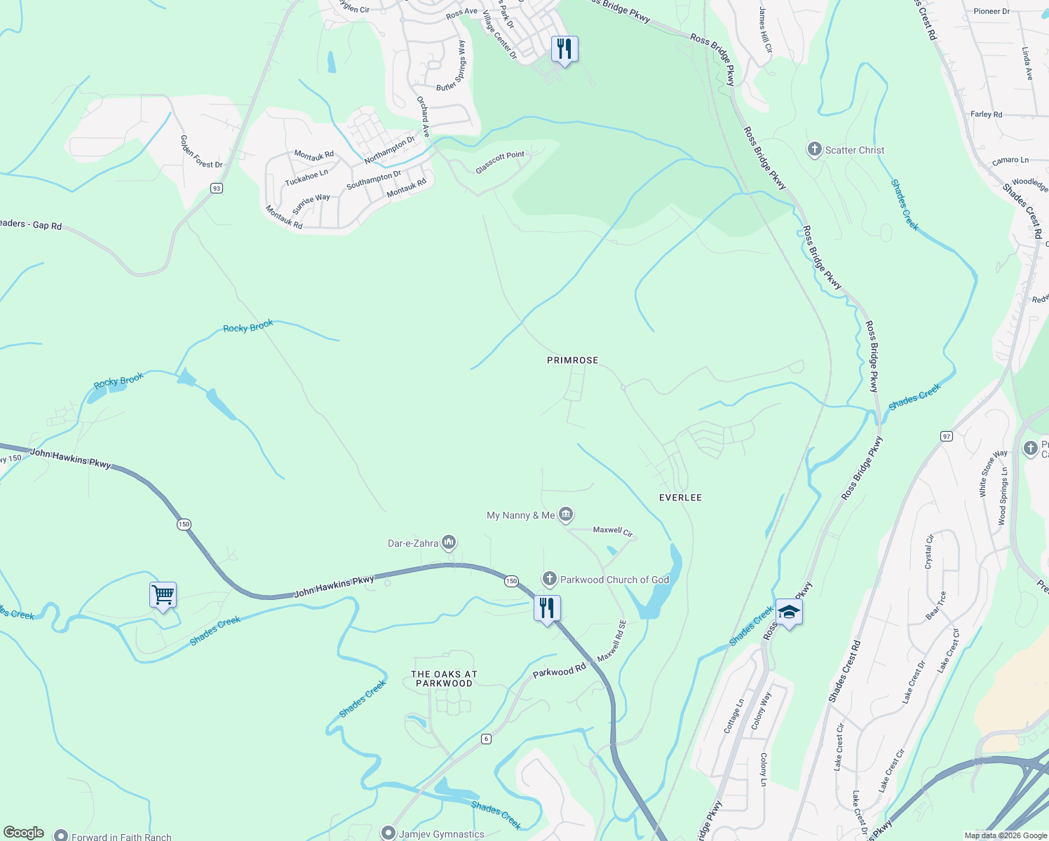 map of restaurants, bars, coffee shops, grocery stores, and more near 441 Maxwell Road Southeast in Bessemer