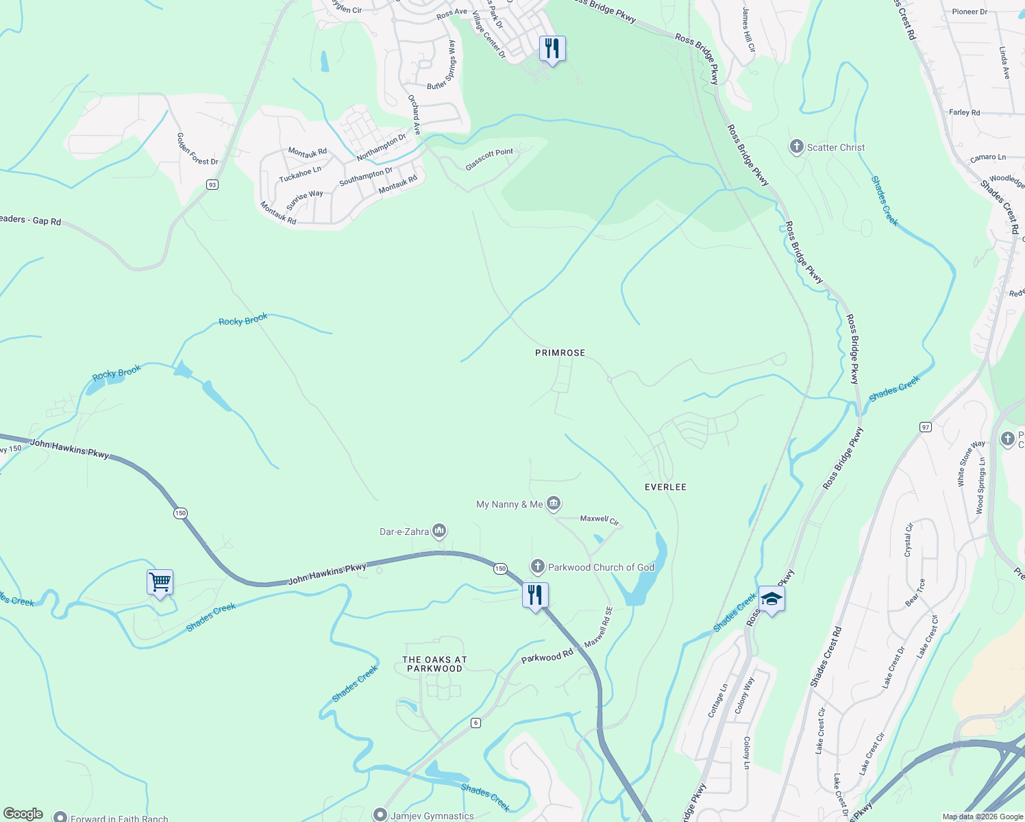 map of restaurants, bars, coffee shops, grocery stores, and more near 441 Maxwell Road Southeast in Bessemer